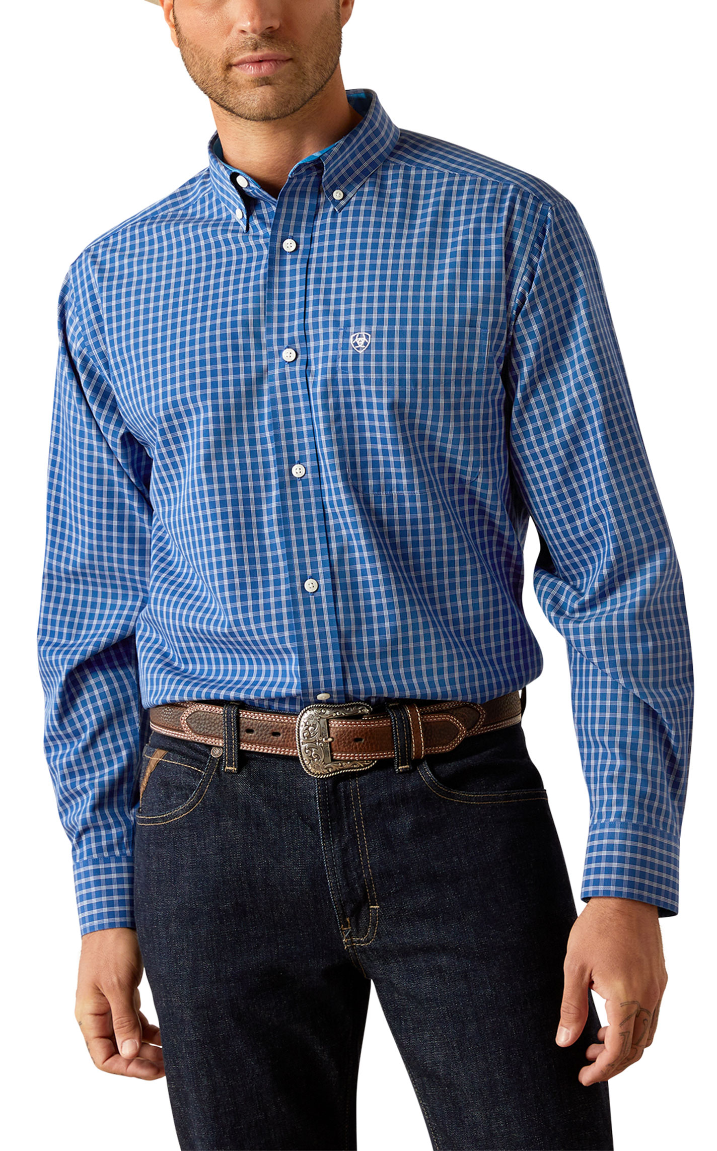Ariat Men's Blair Royal Blue & White Plaid Western Shirt - Image 1