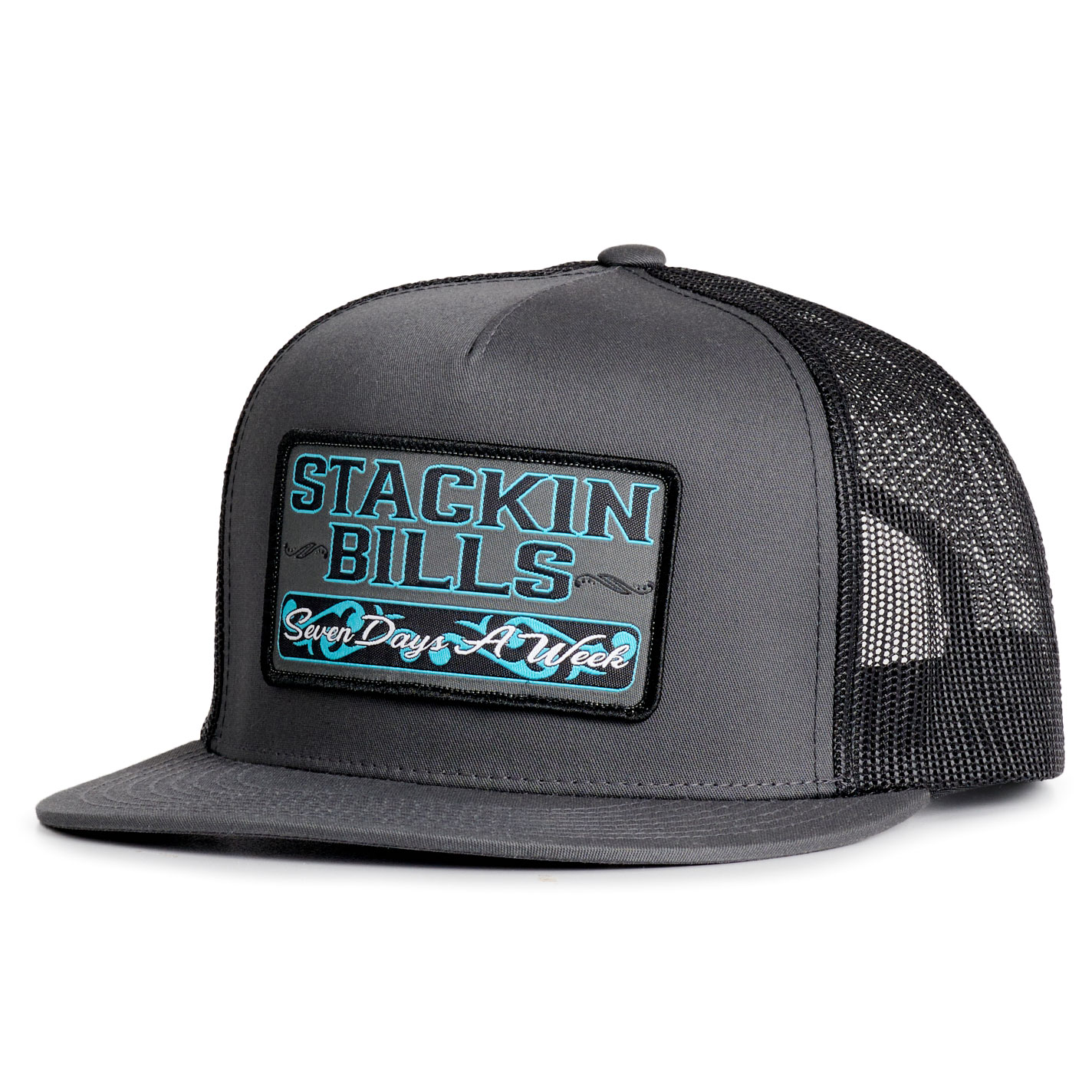 Stackin Bills Charcoal & Black Patch Flat Bill Mesh Back Trucker Cap - Image 1
