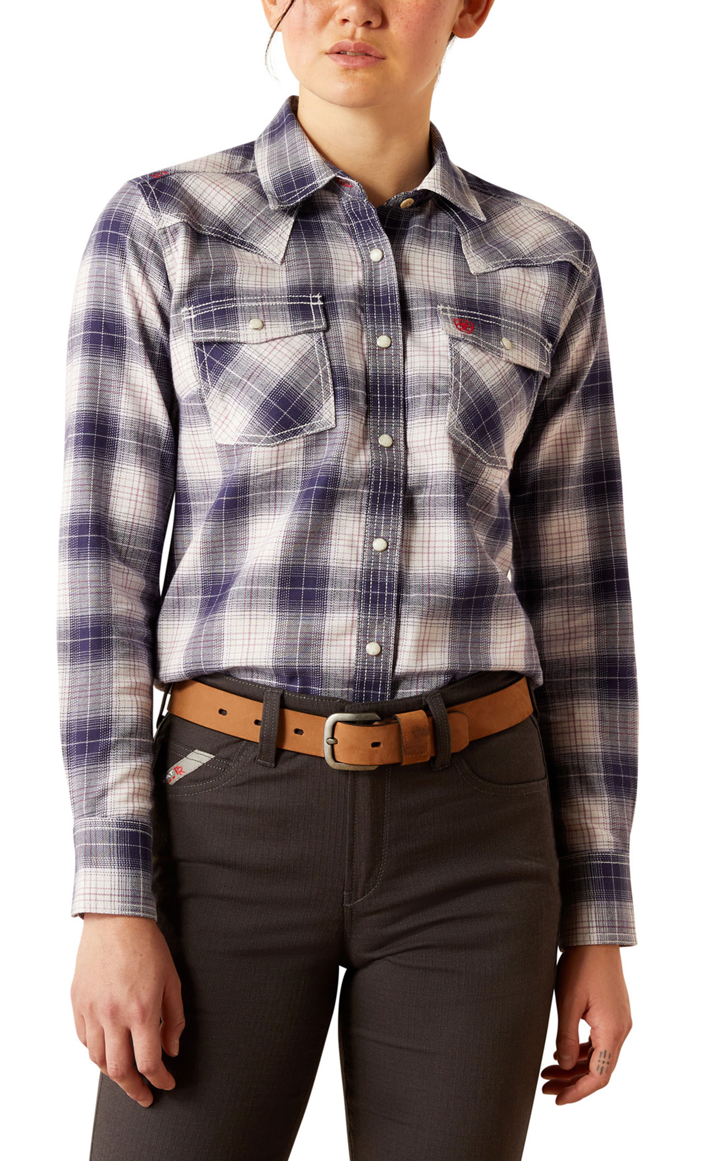 Ariat Women's Heritage Navy Plaid FR Western Work Shirt - Image 3