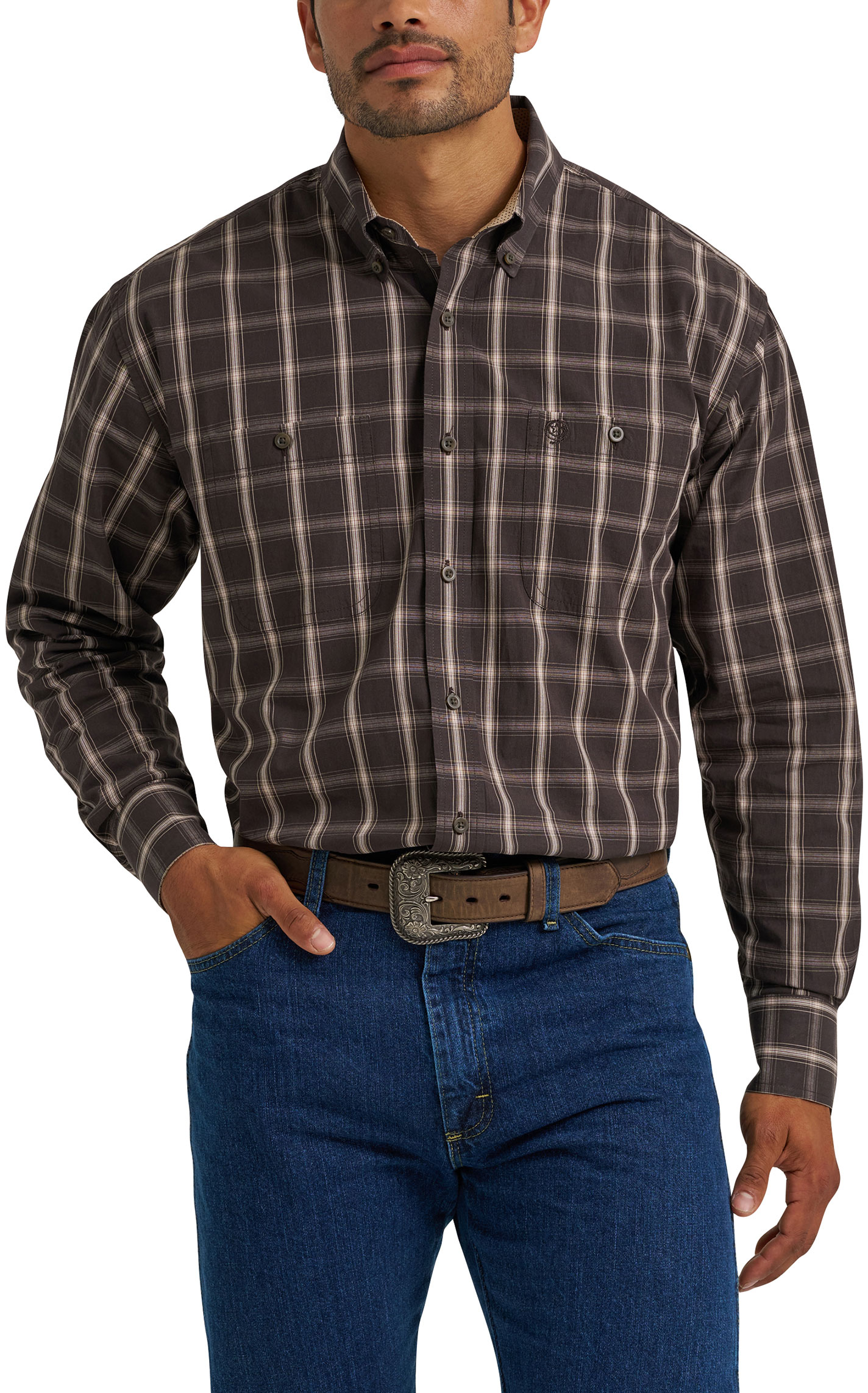 Wrangler George Strait Men's Brown Plaid Long Sleeve Western Shirt - Image 1