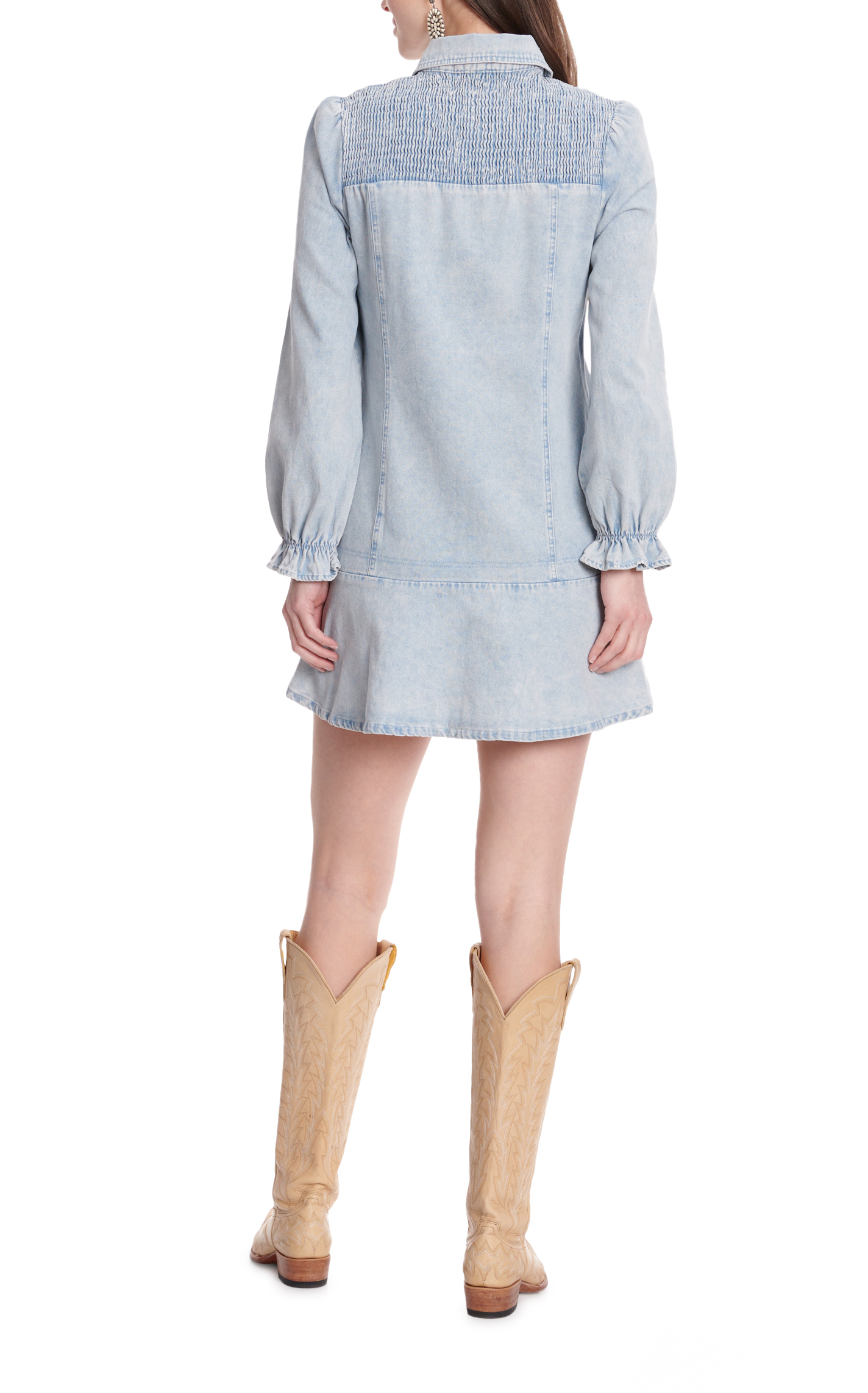 Newbury Kustom Women's Light Wash Denim Smocked Yoke Long Puff Sleeve Dress - Image 1