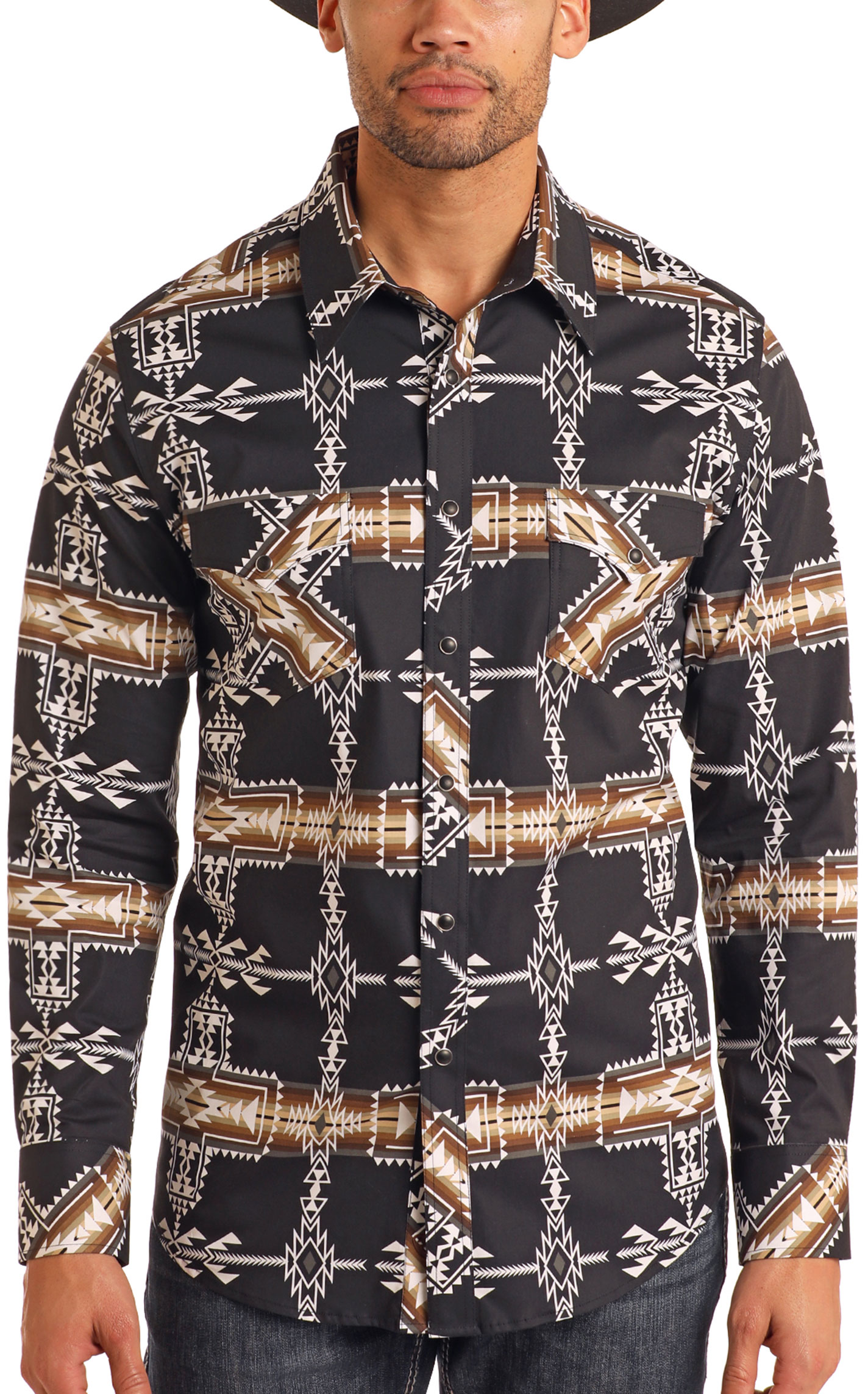 Rock & Roll Denim Men's Black & Shades of Coffee Aztec Western Shirt - Image 1