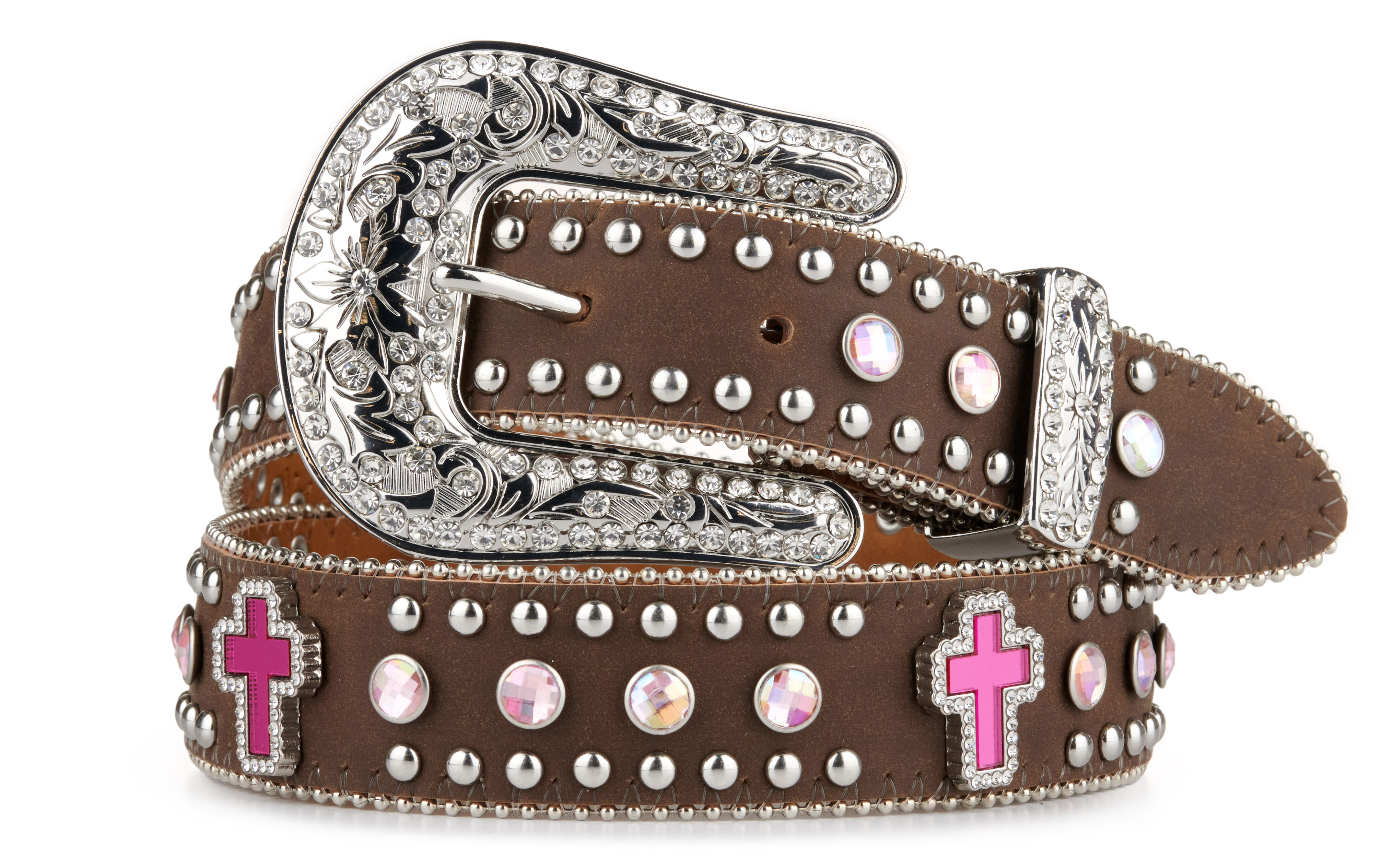 Nocona Children's Medium Brown Leather Pink Cross Crystals - Image 1