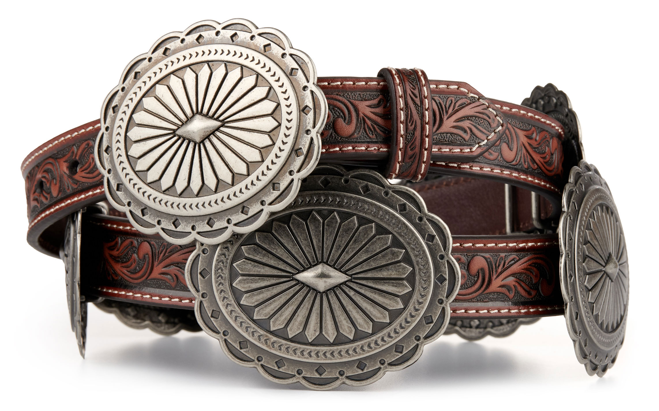 Ariat Women's Brown Tooled with Silver Oval Floral Conchos Belt - Image 1
