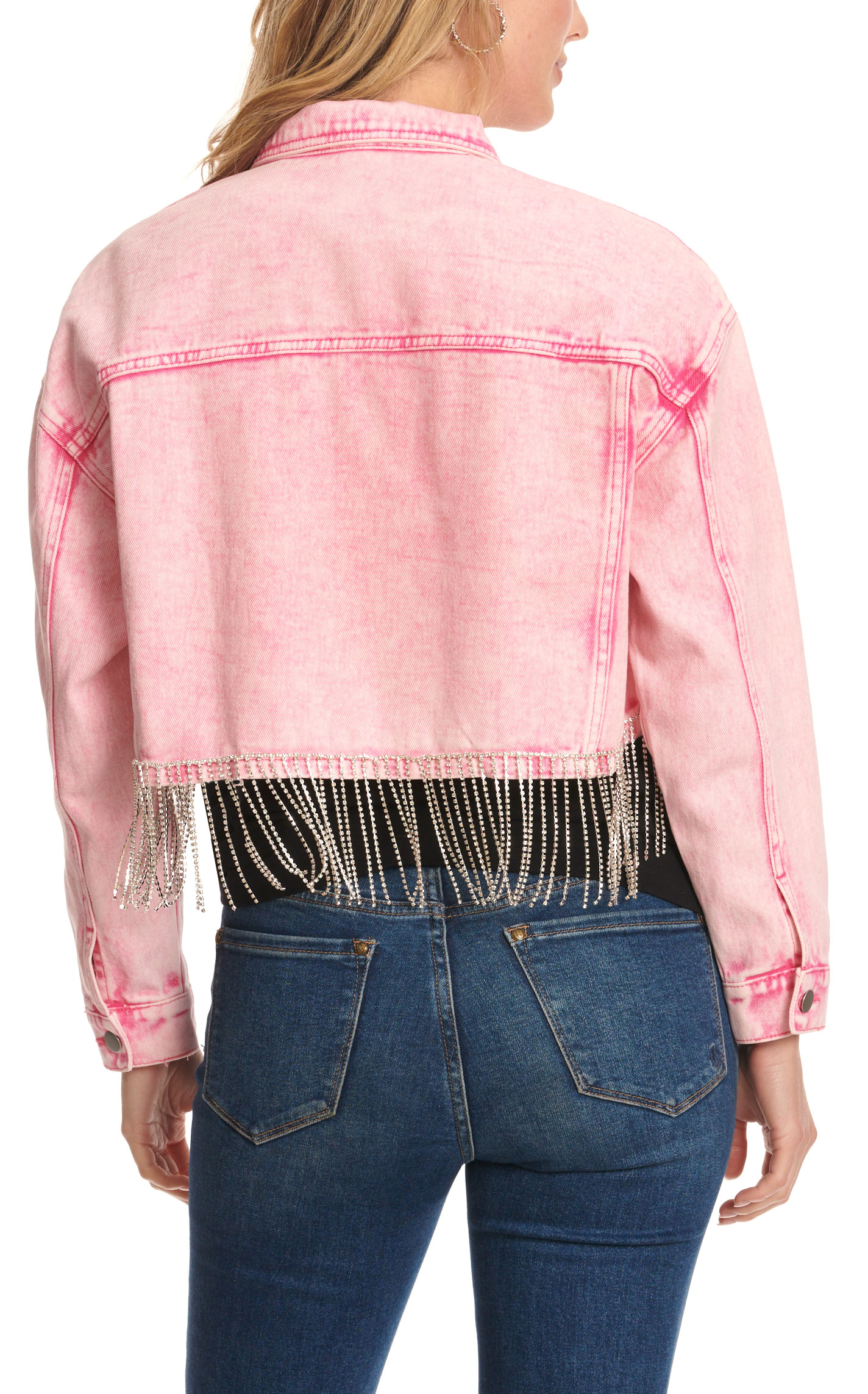 Mainstrip Women's Pink Denim & Rhinestone Fringe Trim Jacket - Image 1