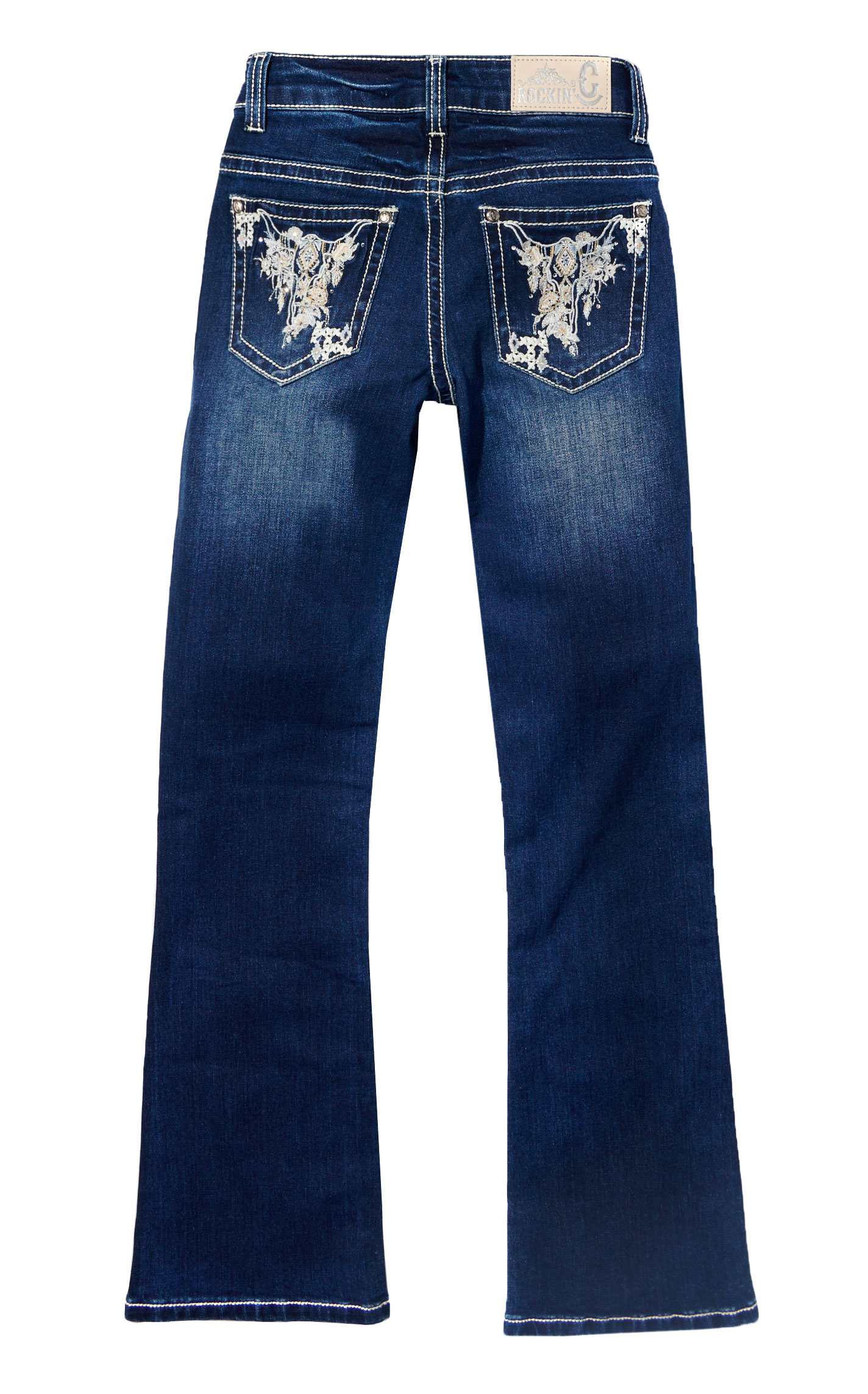 Rockin C Girl's Dark Wash Floral Skull Bootcut Jeans - Image 1
