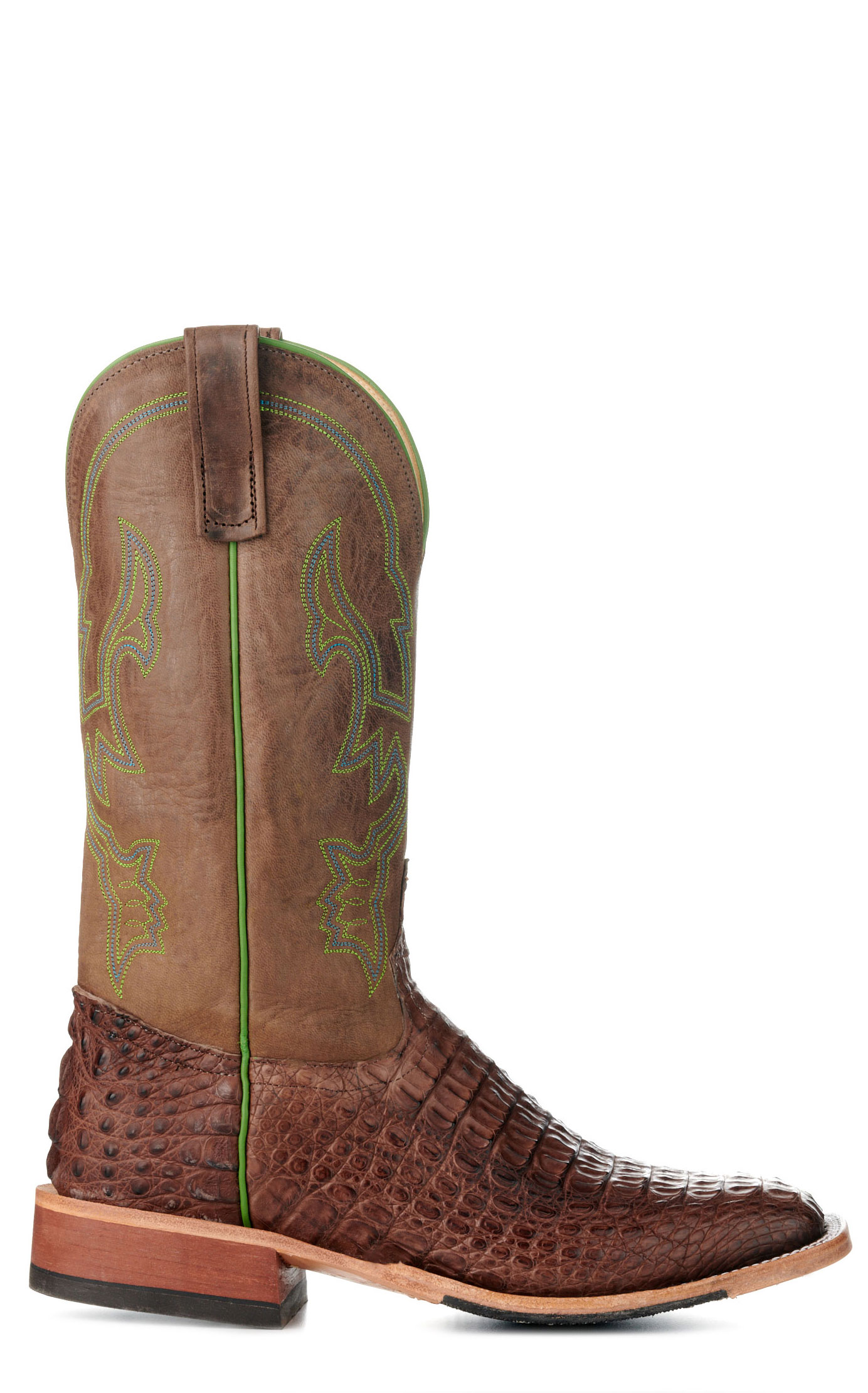 Anderson Bean Men's Chocolate Lux Hornback Caiman and Chocolate Wide Square Toe Exotic Cowboy Boots - Image 1