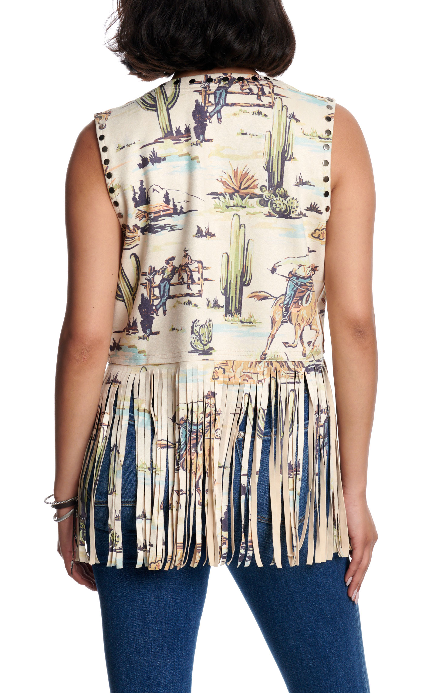 Fashion Express Women's Beige Western Print Fringe Vest - Image 1