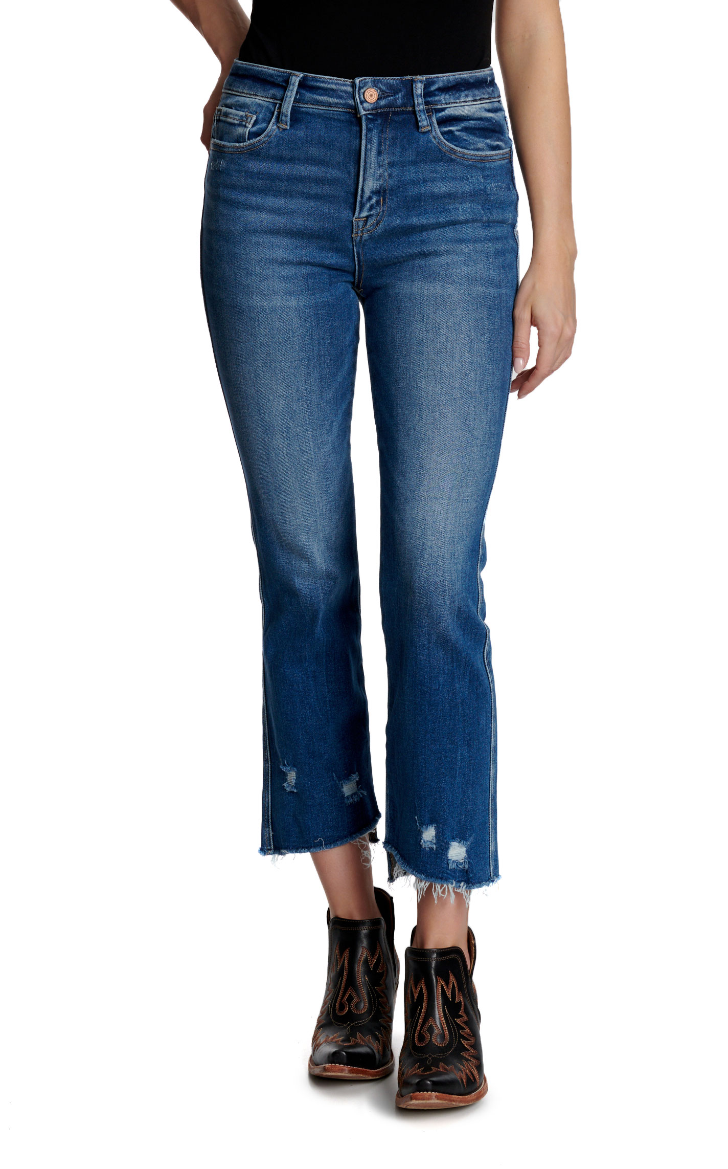 Vervet Women's Dark Wash Frayed Hem Cropped Boot Cut Jeans - Image 1