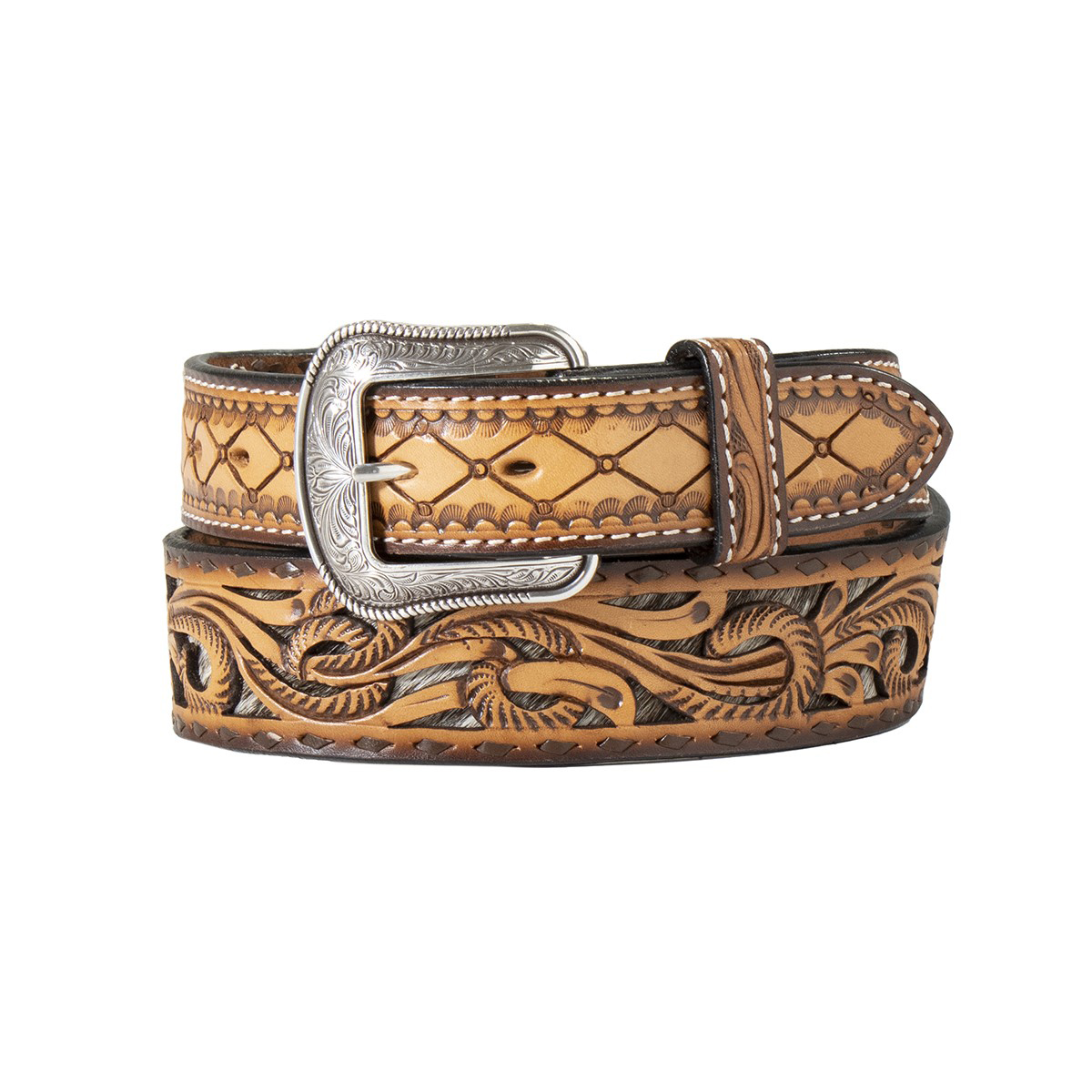 3D Belt Co Men's Tooled Leather Calf Hair Underlay Western Belt - Image 1