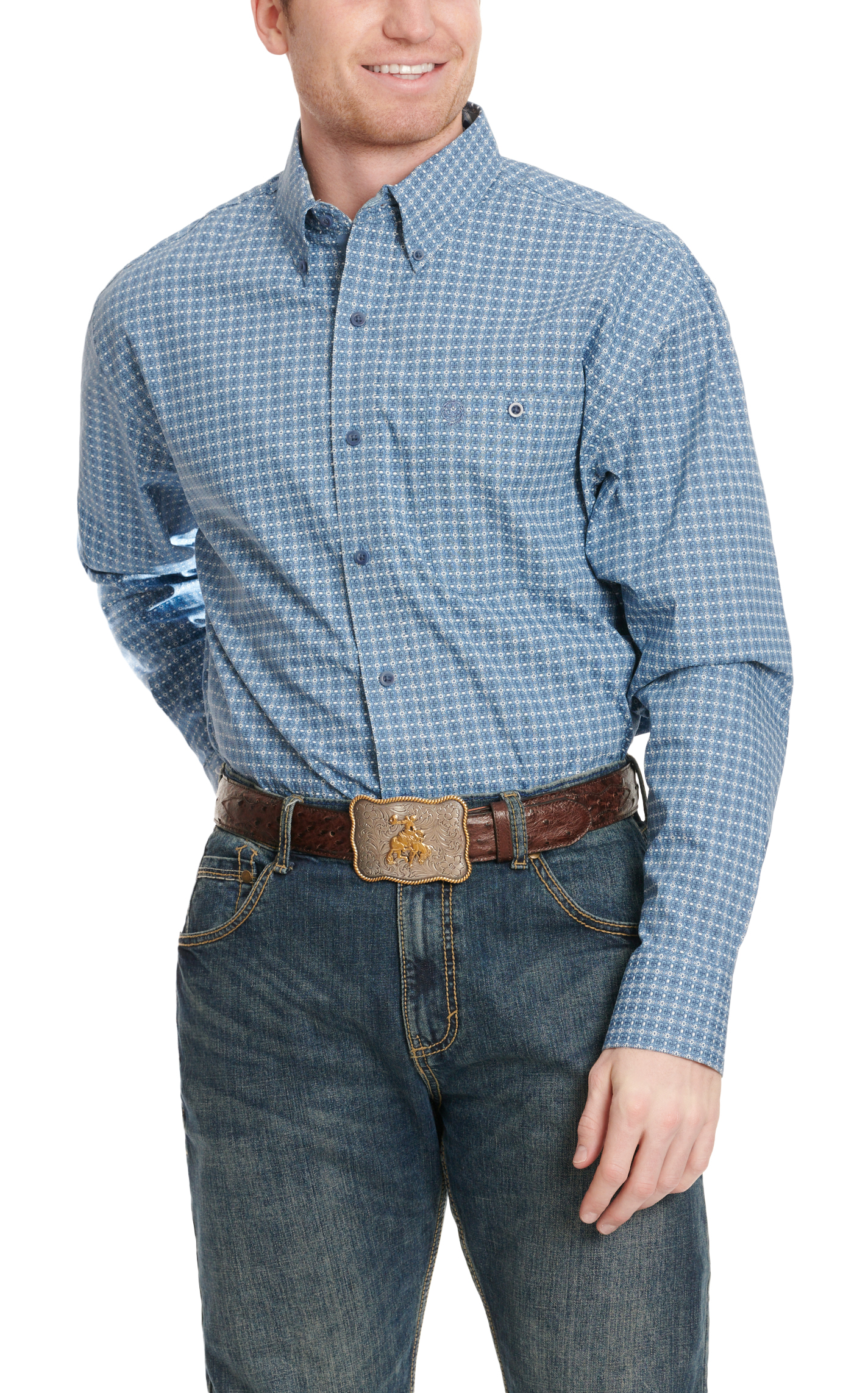 Wrangler Men's George Strait Collection Steel Blue & White Floral Geo Print Long Sleeve Western Shirt - Image 1