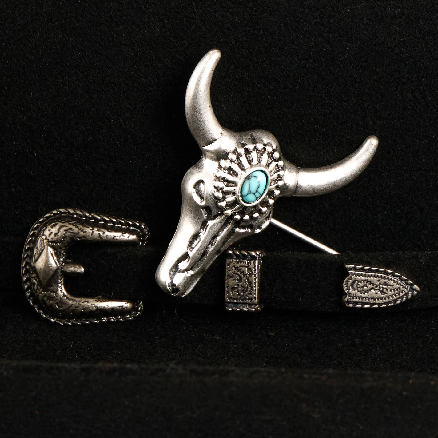 Cowgirl Confetti Silver & Turquoise Stone Steer Head Pendant Hat Pin - Image 1