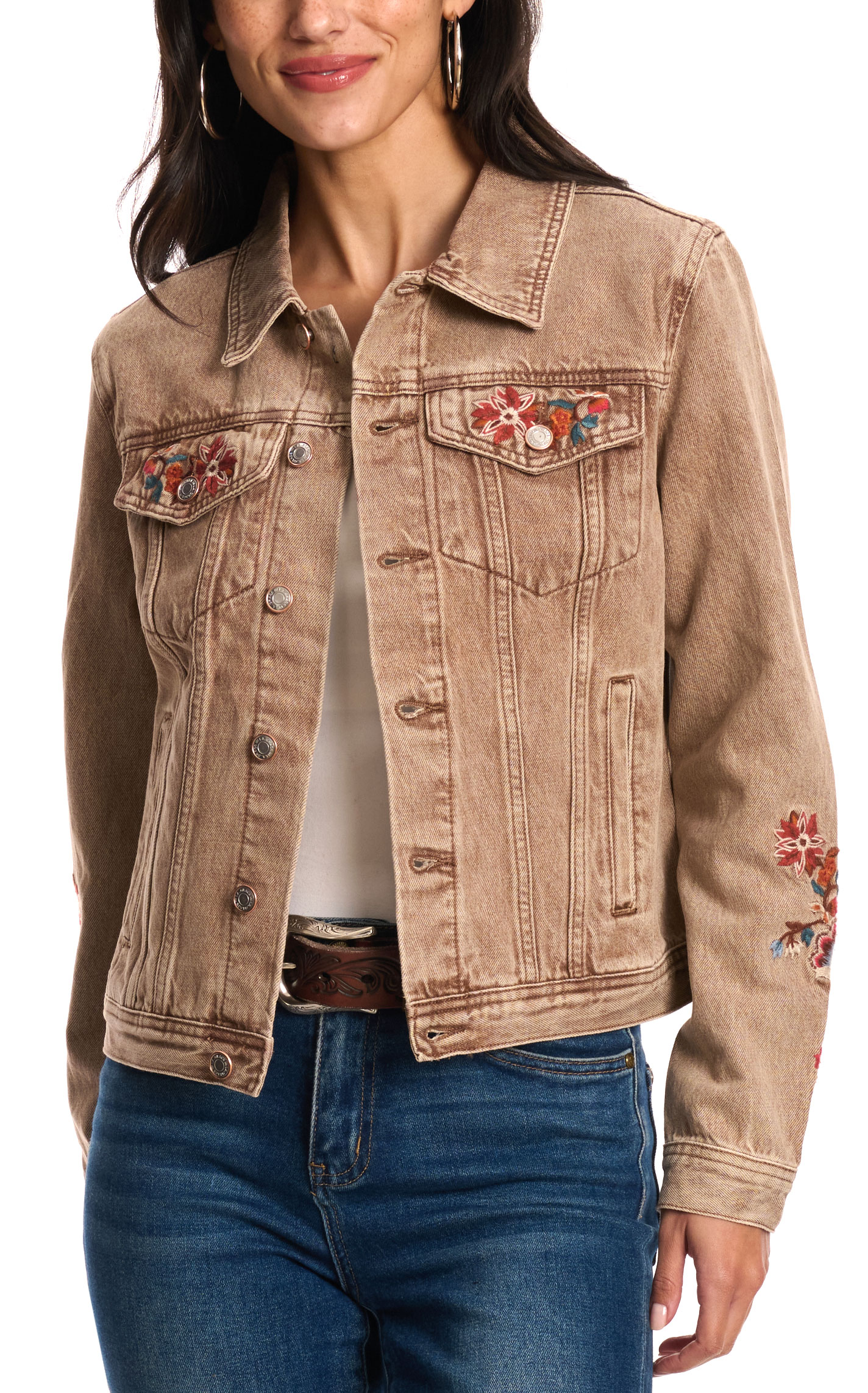 Grace in LA Women's Cinnamon Floral Embroidered Denim Jacket - Image 1