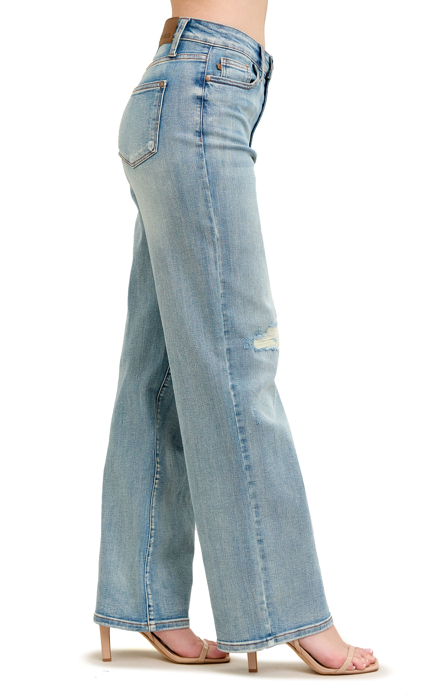 Judy Blue Women's Light Wash High Rise Distressed Knee Patch Straight Leg Jeans - Image 1