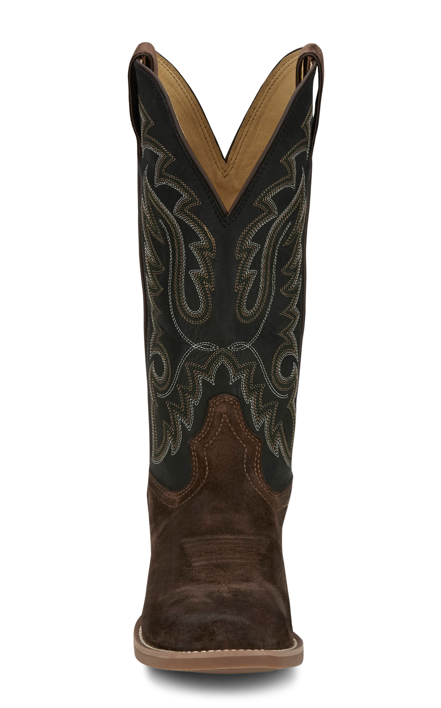 Justin Men’s Frontier Brown Suede & Black Goat Punchy Toe Cowboy Boots - Image 1