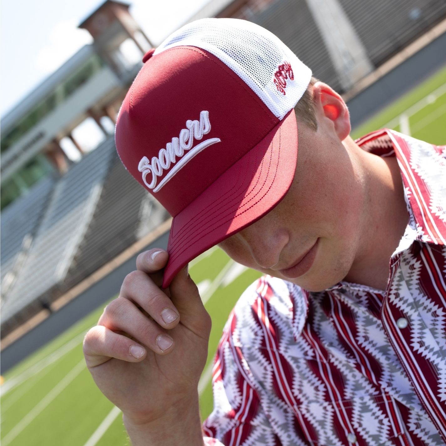 Hooey Collegiate Collection Crimson & White OU Boomer Sooner Patch Curved Bill Cap - Image 1