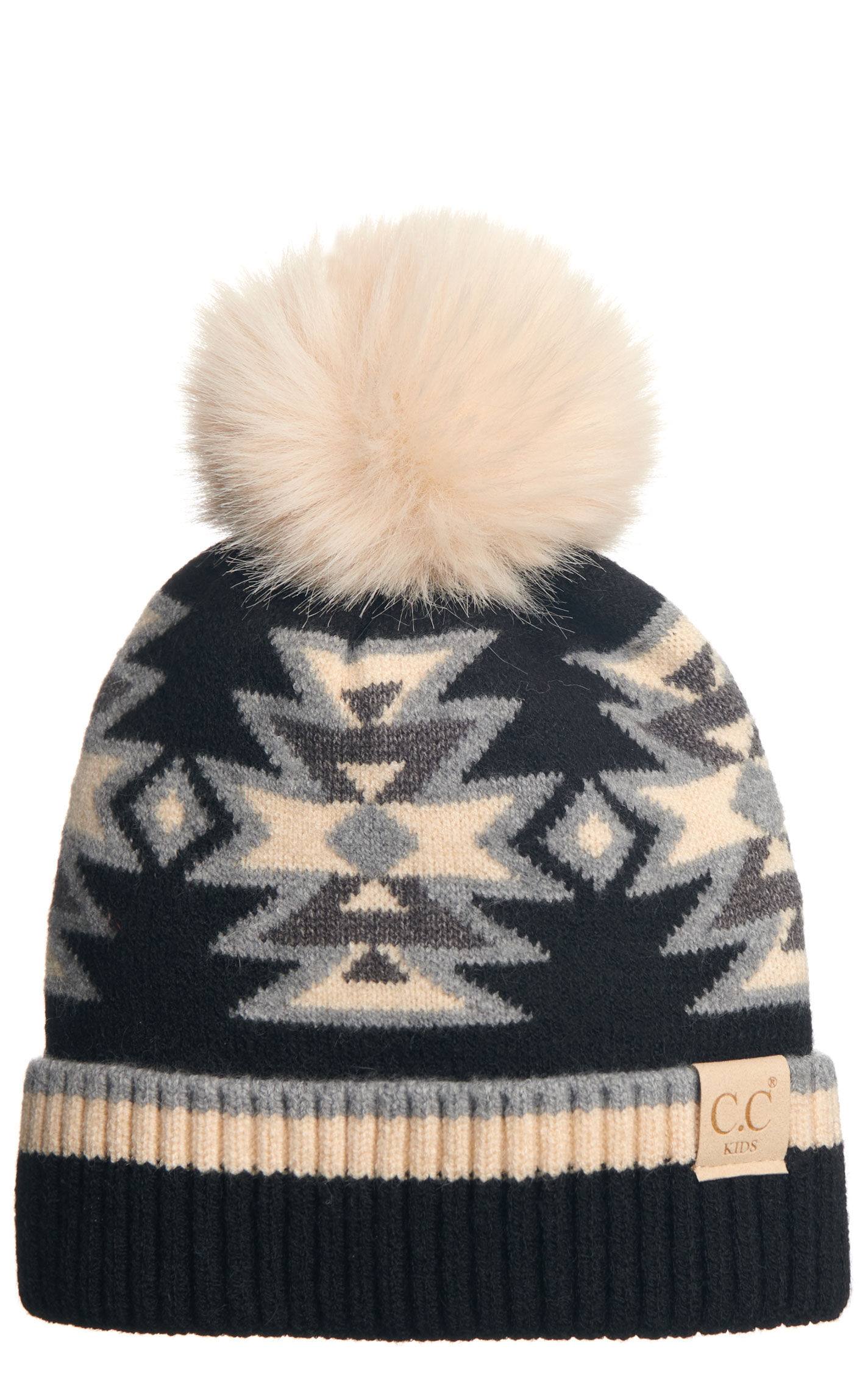 C.C. Kids Cream Gray & Black Aztec & Fluffy PomPom Beanie - Image 1