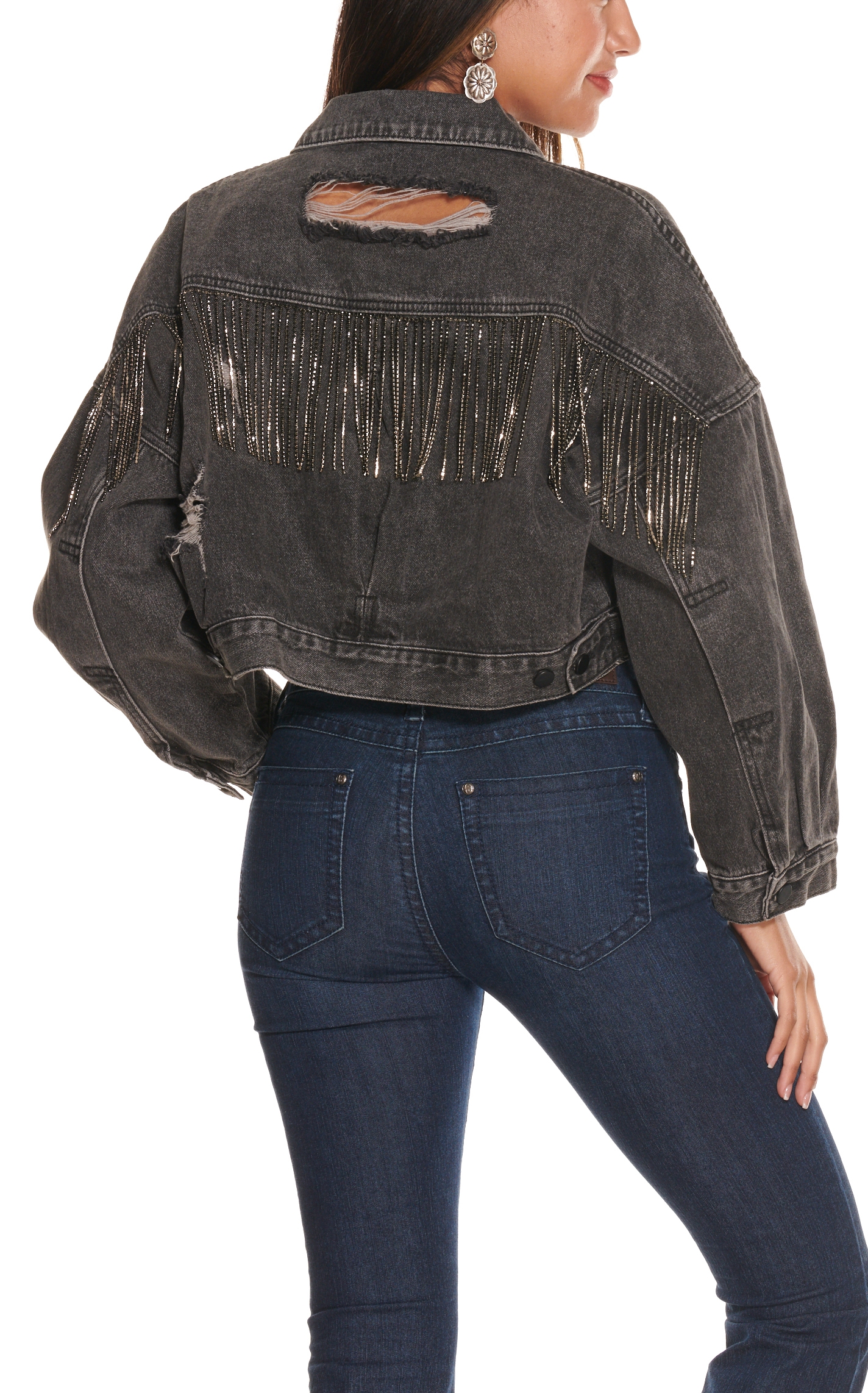 Blue B Women's Black Wash Distressed with Metallic Fringe Denim Jacket - Image 1