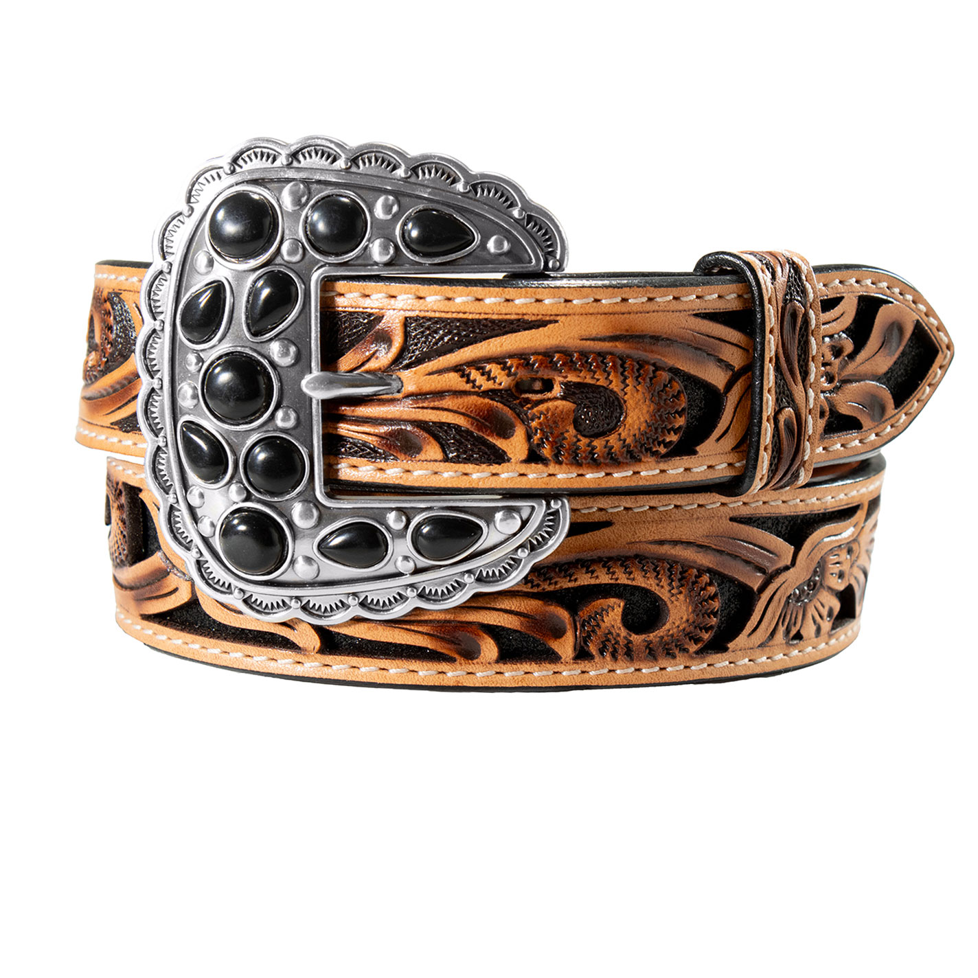 Angel Ranch Ladies’ Brown and Black Tooled Leather Stone Buckle Belt - Image 1
