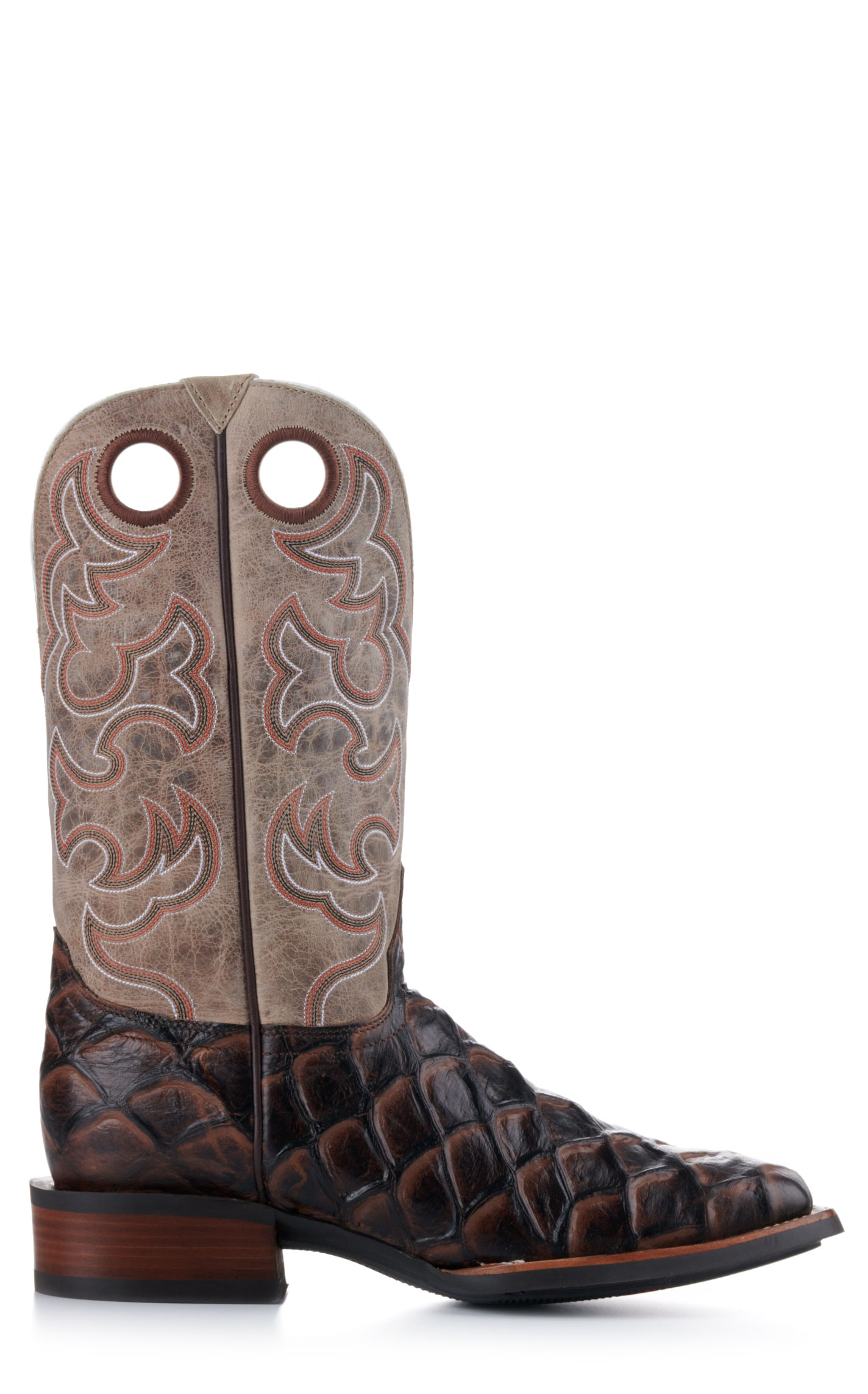 Cavender's Men's Intrepid Medium Brown Pirarucu Print and Oryx Wide Square Toe Cowboy Boots - Image 1