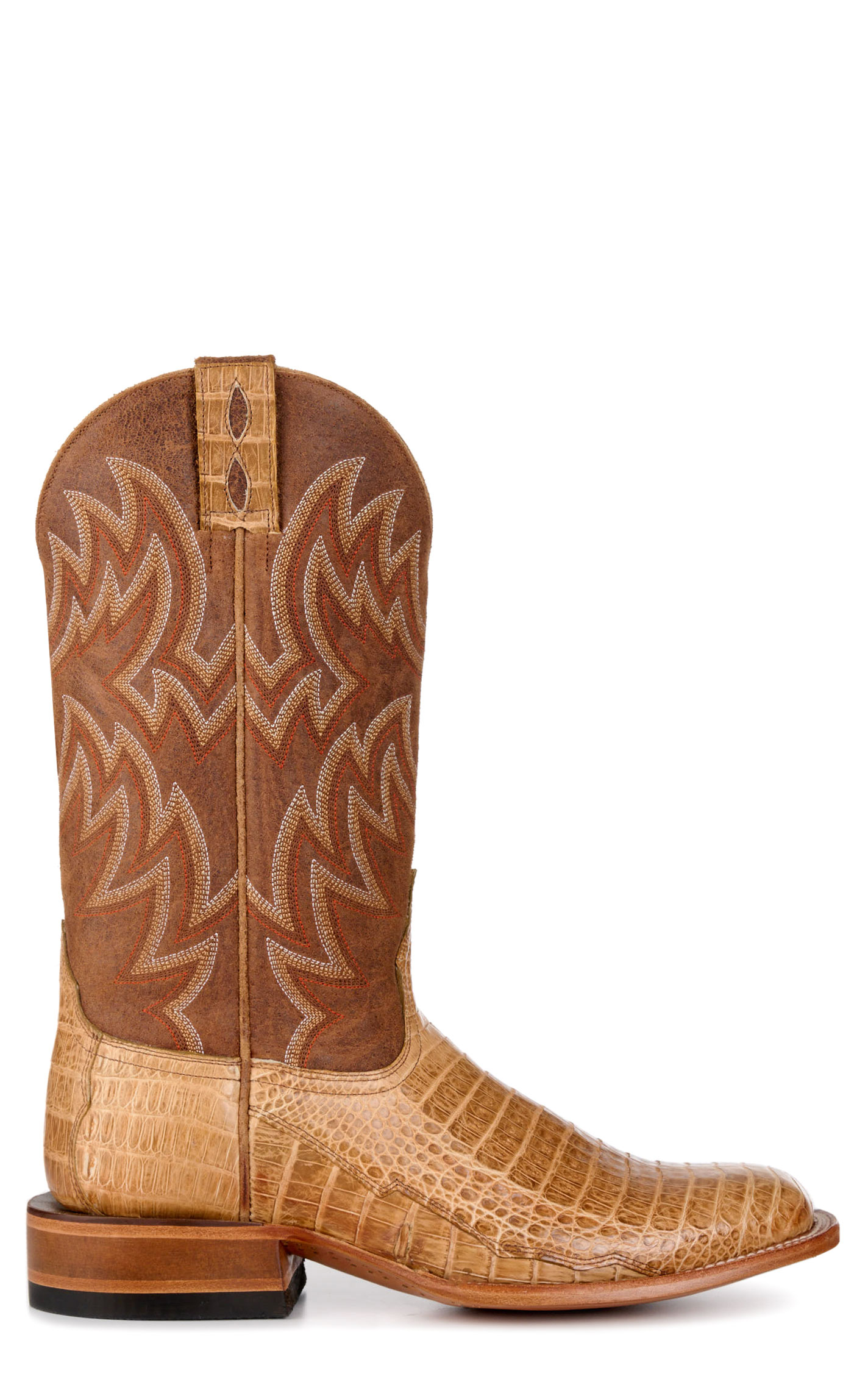 Cavender's Men's Brown and Saddle Caiman Belly Wide Square Toe Exotic Cowboy Boots - Image 1