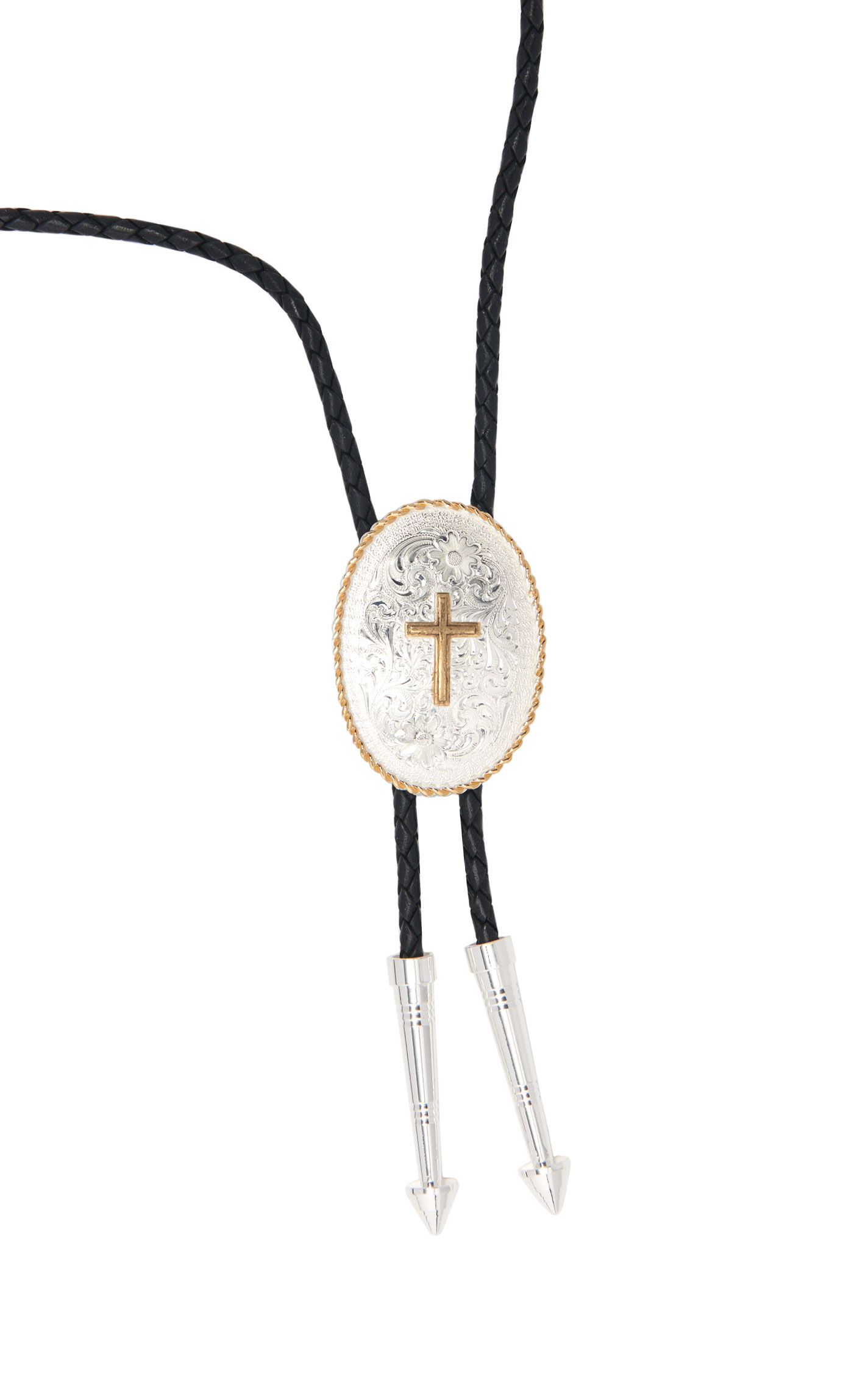 Montana Silversmiths Silver and Gold Engraved 2T Oval Cross Bolo - Image 1