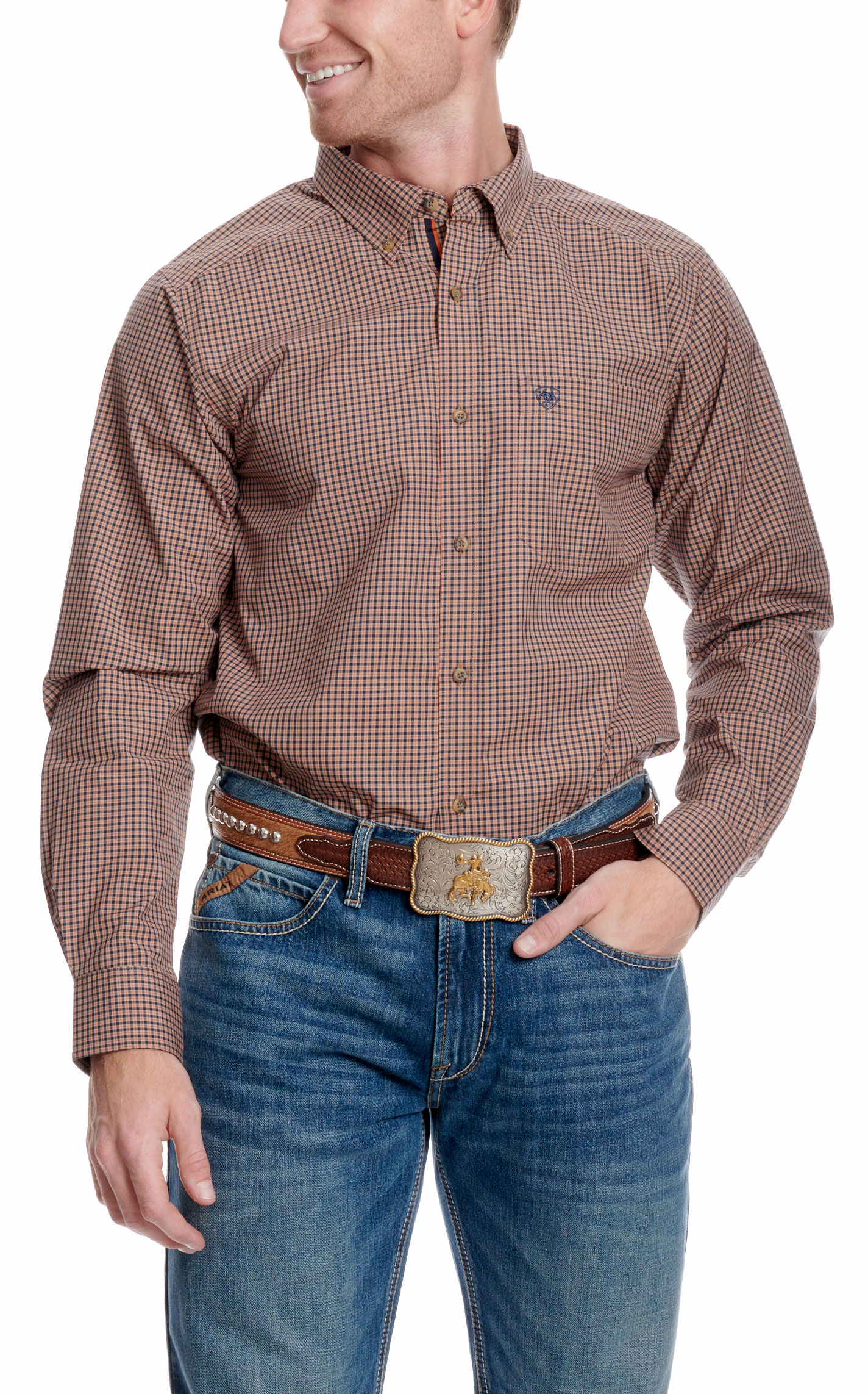 Ariat Pro Series Men's Taggert Mocha Mini Plaid Western Shirt - Image 1