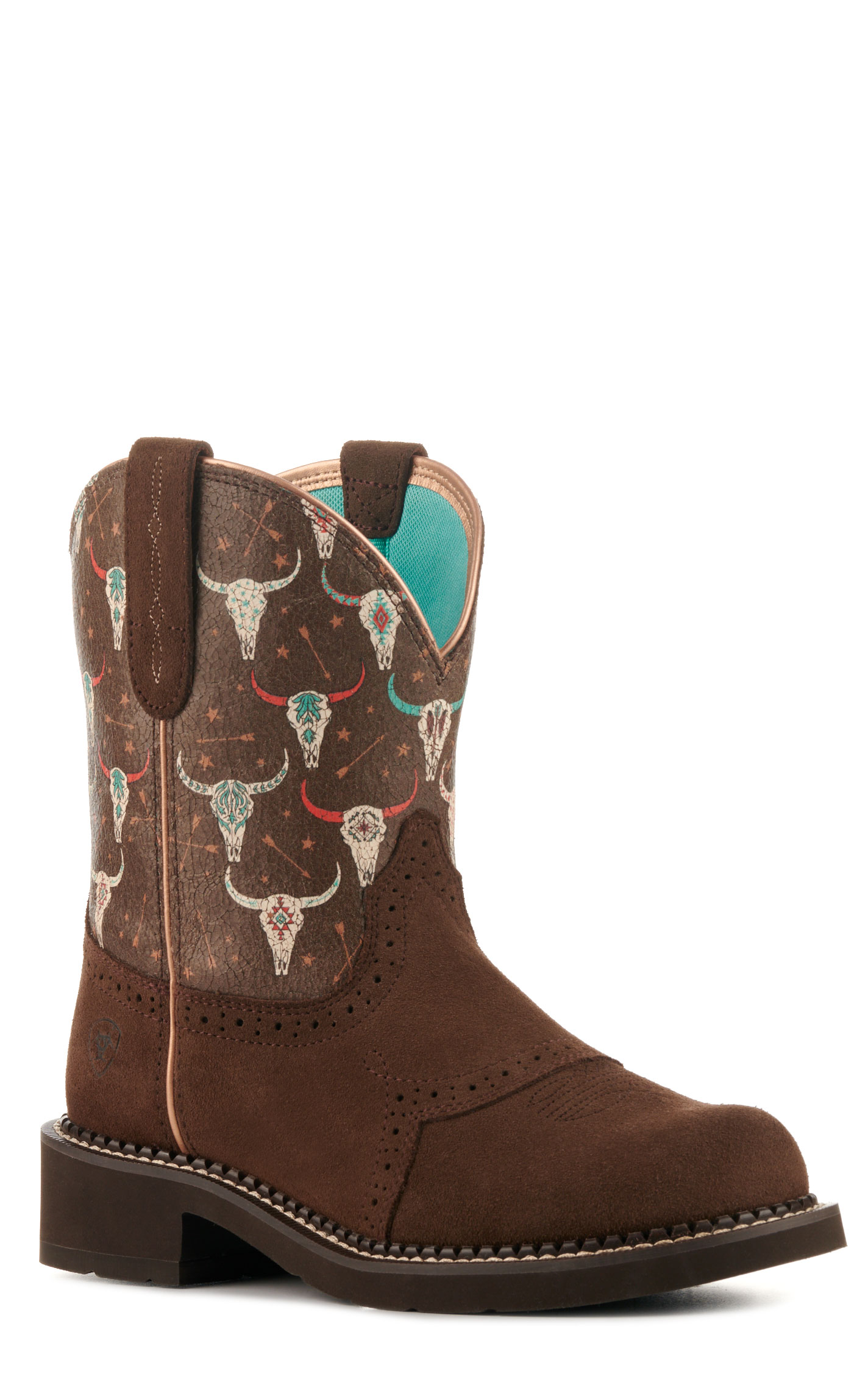 Ariat Women's Fatbaby Heritage Farrah Brown and Boho Skull Print Round Toe Cowboy Boots - Image 1