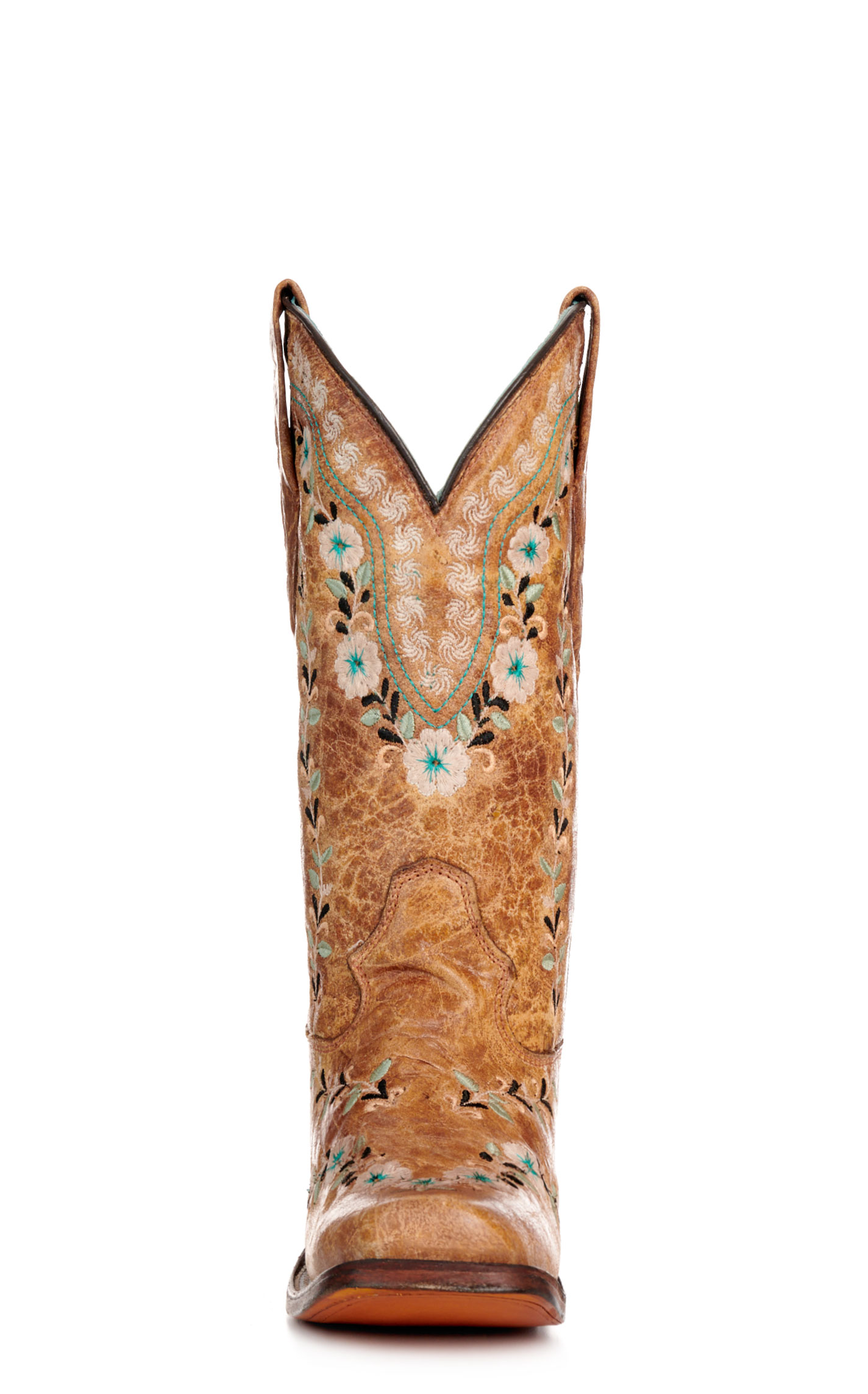 Corral Women's Distressed Cognac with Floral Embroidery Glow in the Dark Square Toe Cowboy Boots - Image 1