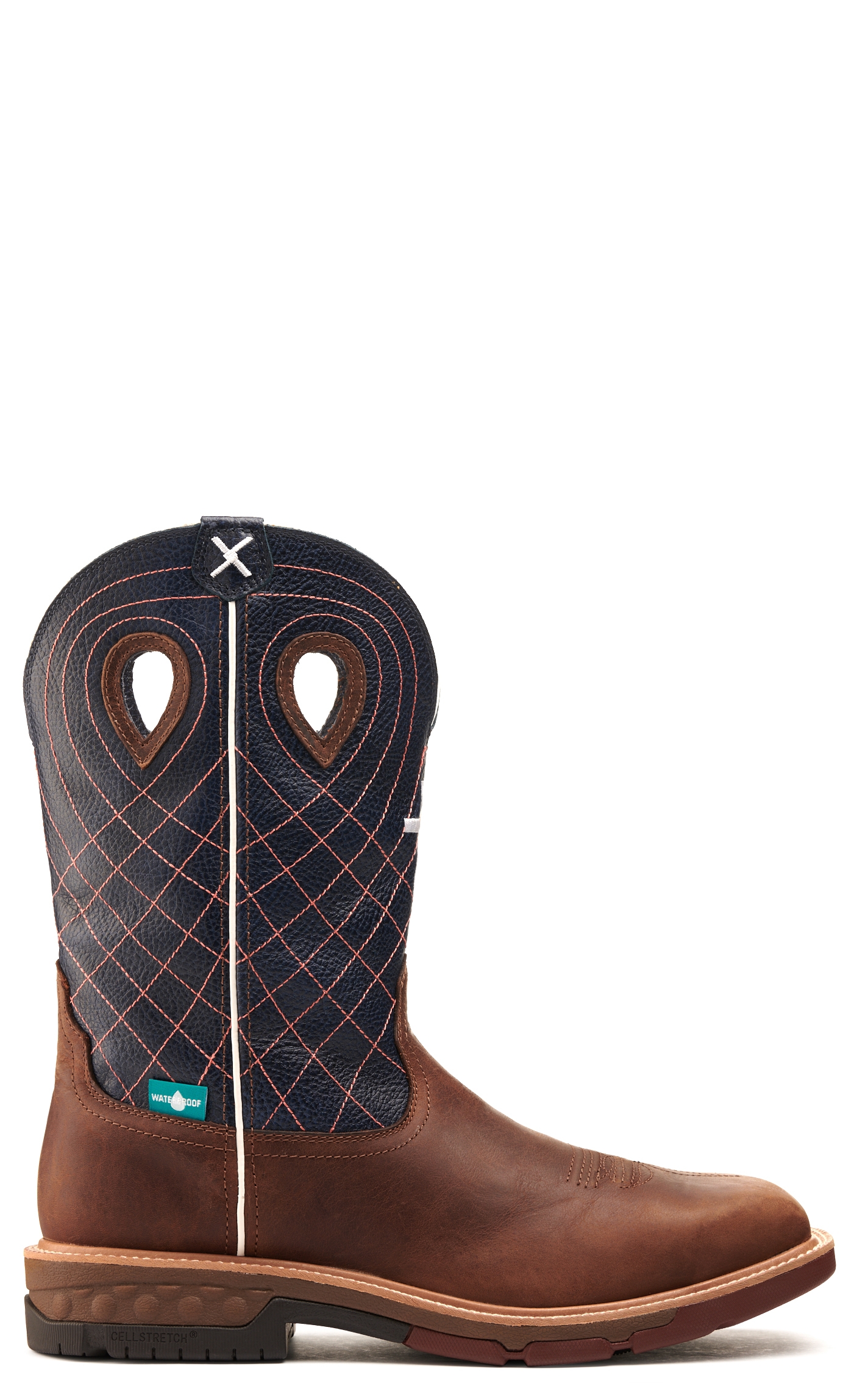 Twisted X Men's Mocha Brown and Navy Blue with Cross Embroidery Waterproof Wide Square Alloy Toe Work Boot - Image 1