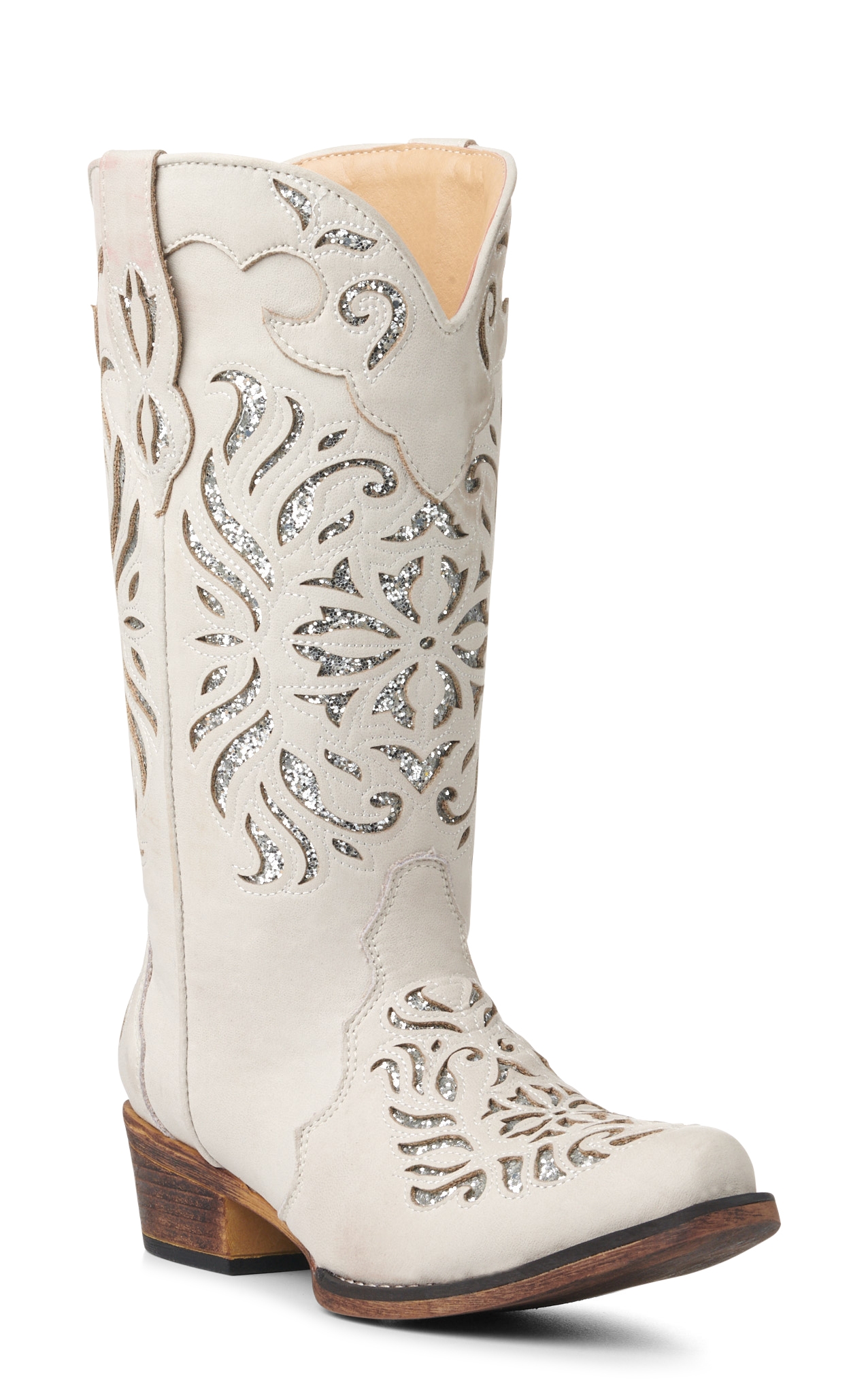Roper Women's Riley Glitz White with Silver Glitter Inlay Snip Toe Cowboy Boots - Image 1