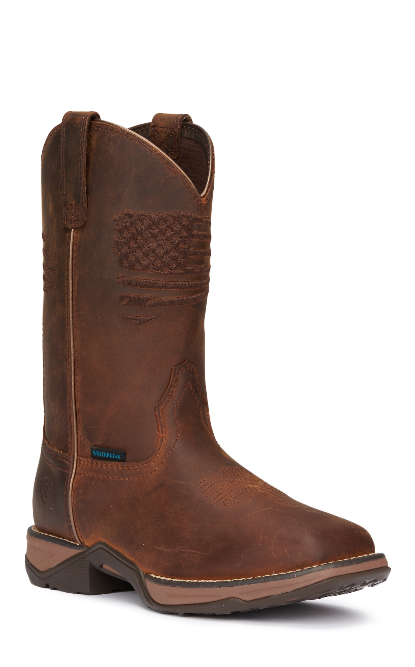 Ariat Women's Anthem Patriot H2O Distressed Brown Embroidered Flag Waterproof Square Toe Cowboy Boot - Image 1
