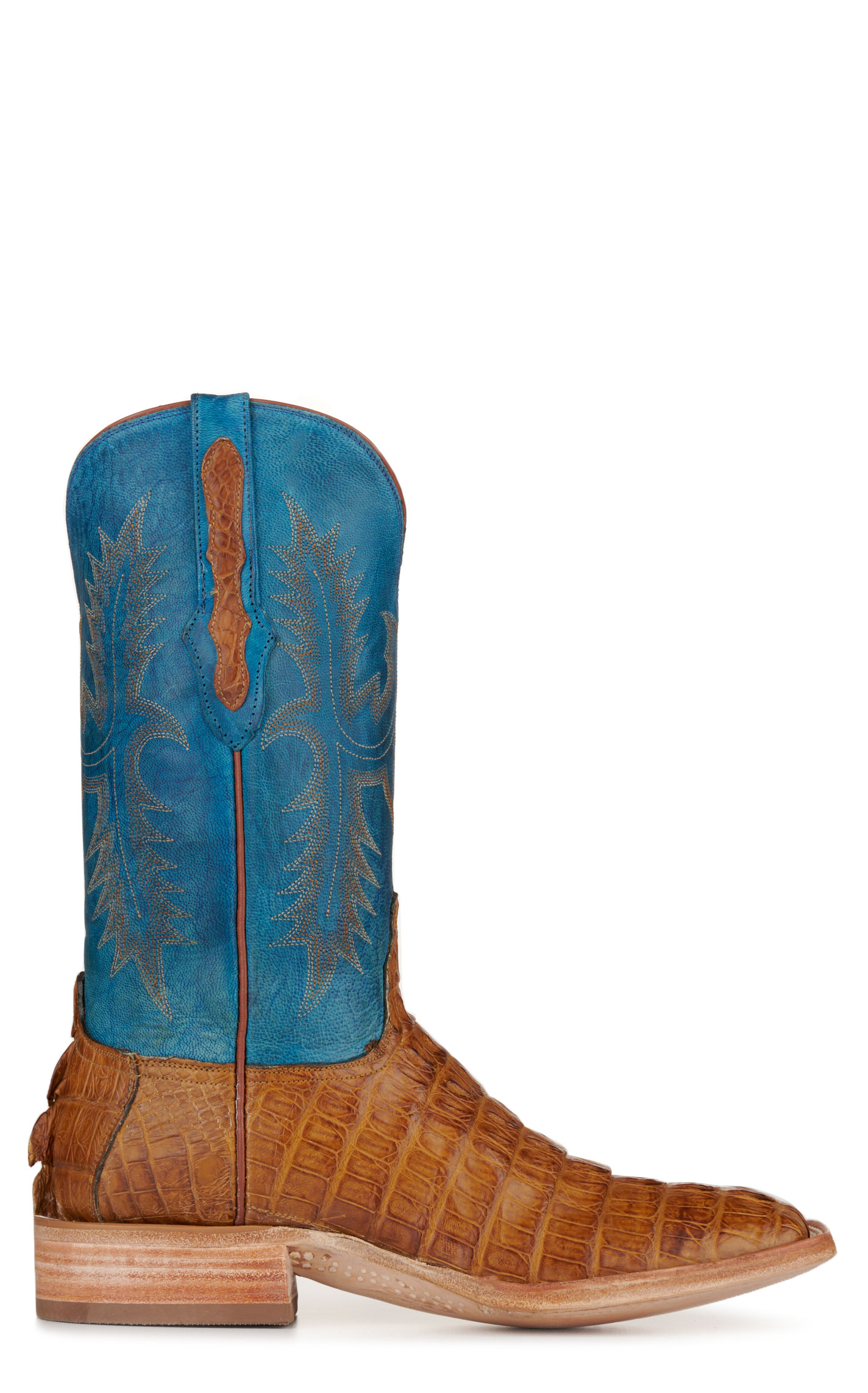 Black Jack Men's Blue and Cognac Caiman Tail Wide Square Toe Exotic Cowboy Boots - Image 1