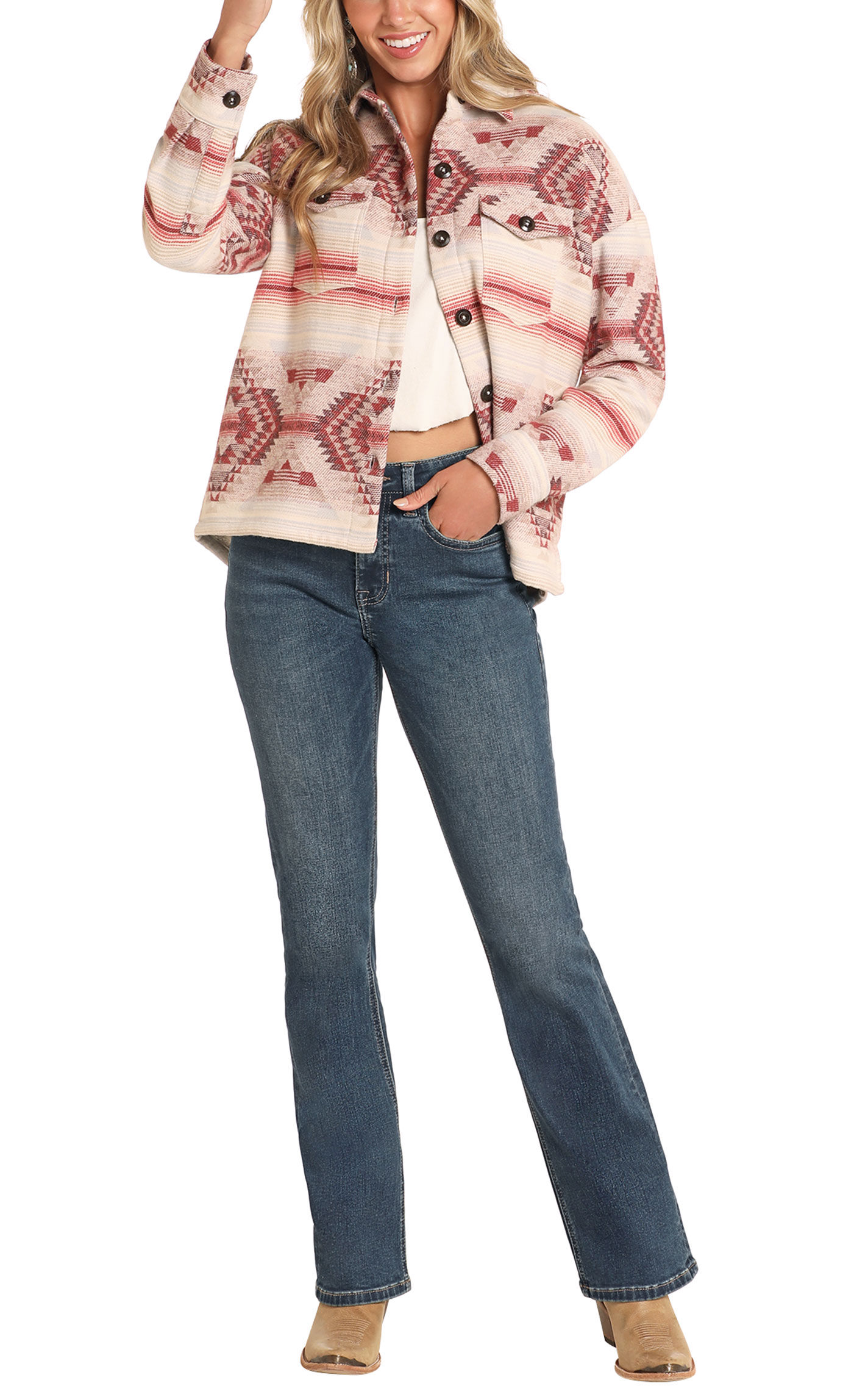 Rock & Roll Denim Women's Cherry & Latte Aztec Shacket - Image 1