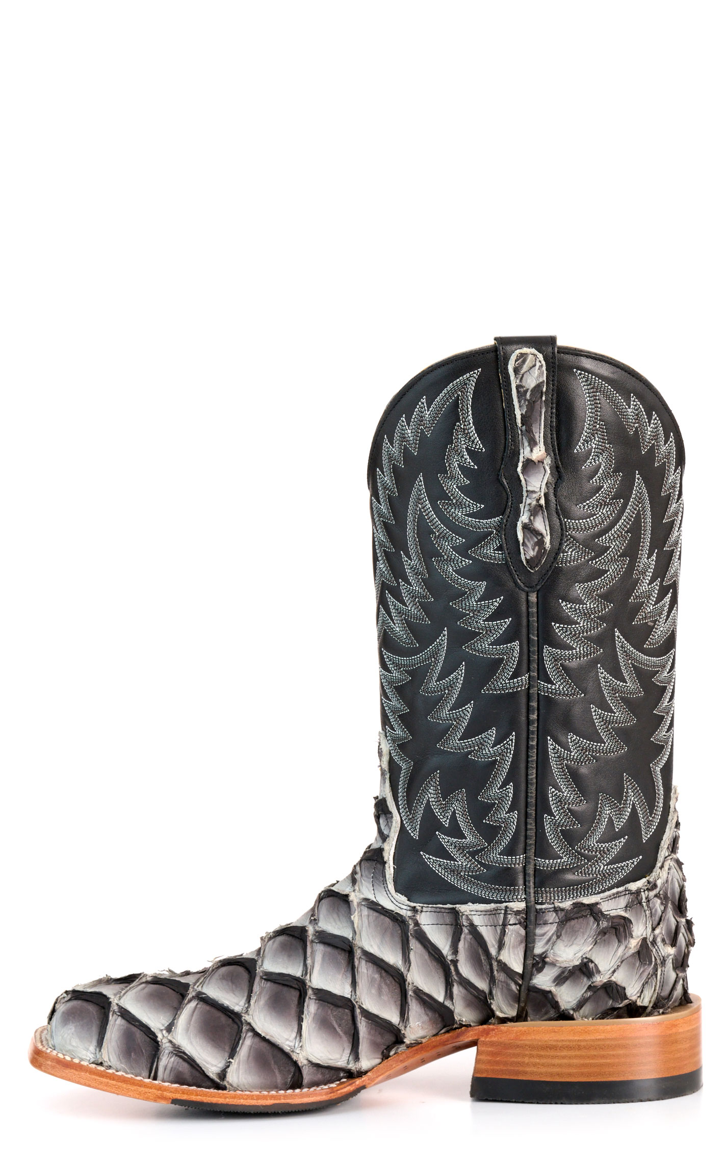 Cavender’s Men’s Gray Pirarucu and Black Wide Square Toe Exotic Cowboy Boots - Image 1