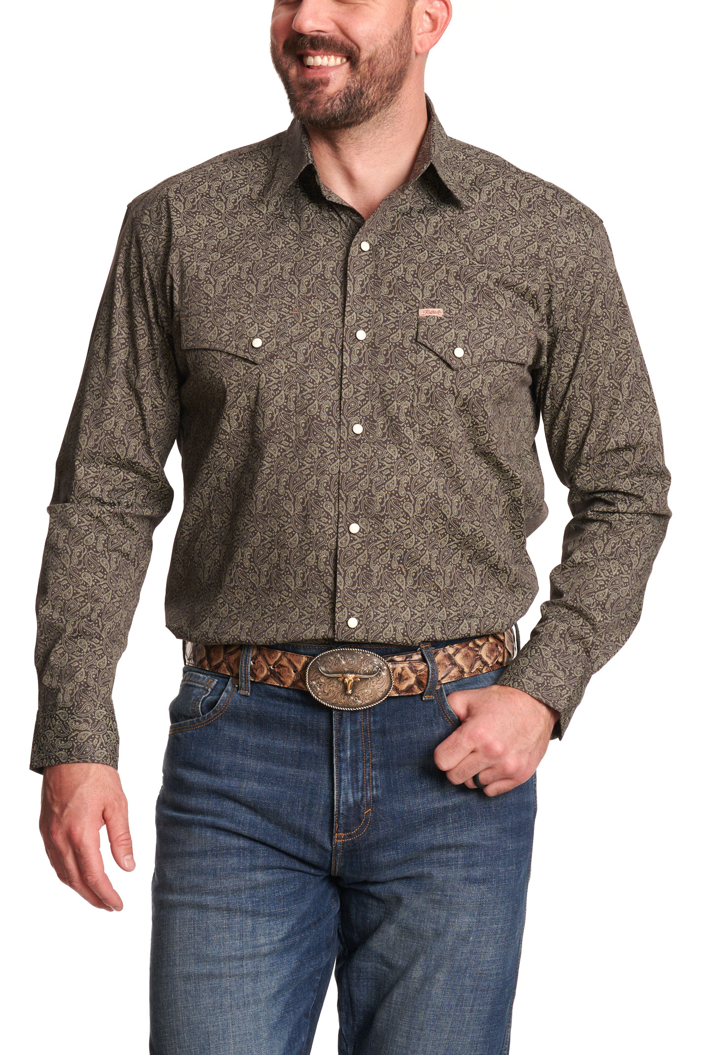 Rafter C Men's Brown Paisley Print Western Shirt - Image 1