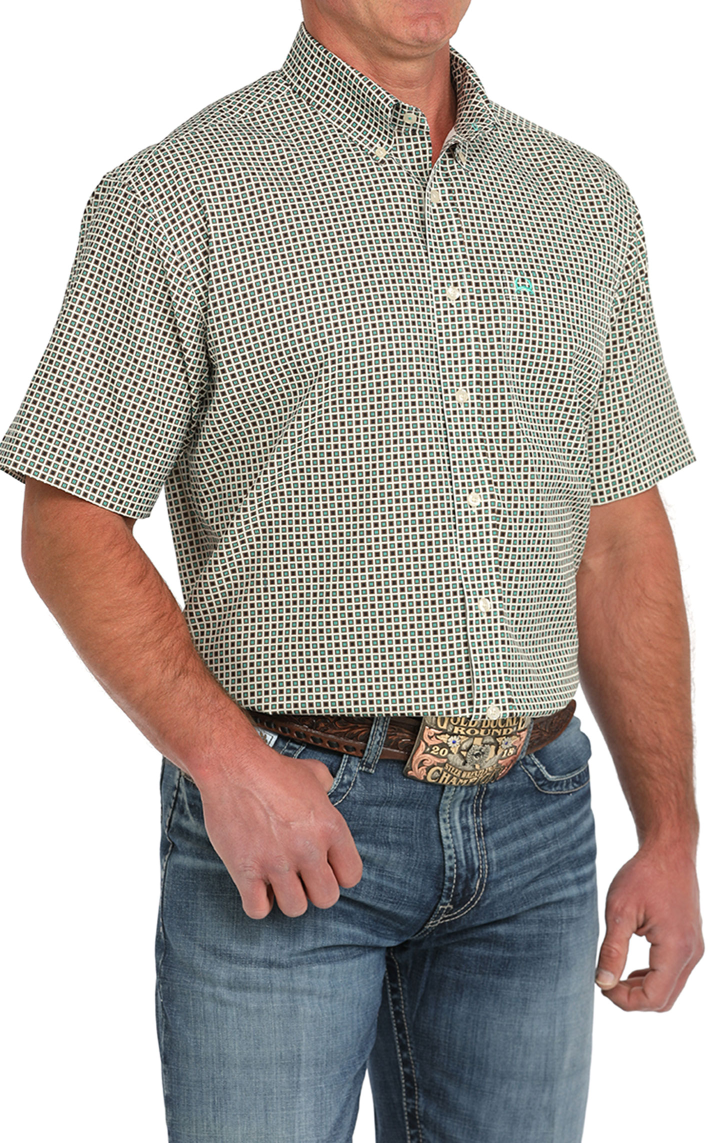 Cinch Men's ArenaFlex Cream & Sea Green Geo Western Shirt - Image 1