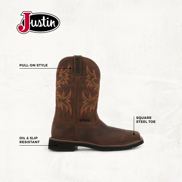 Justin Men's Stampede Driller Dark Brown Square Steel Toe Work Boot - Image 1