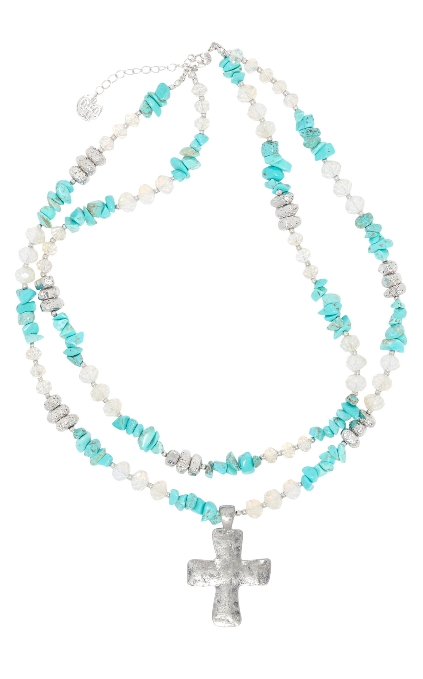 806 by Pink Panache 2 Strand Turquoise & Silver Cross Necklace - Image 2
