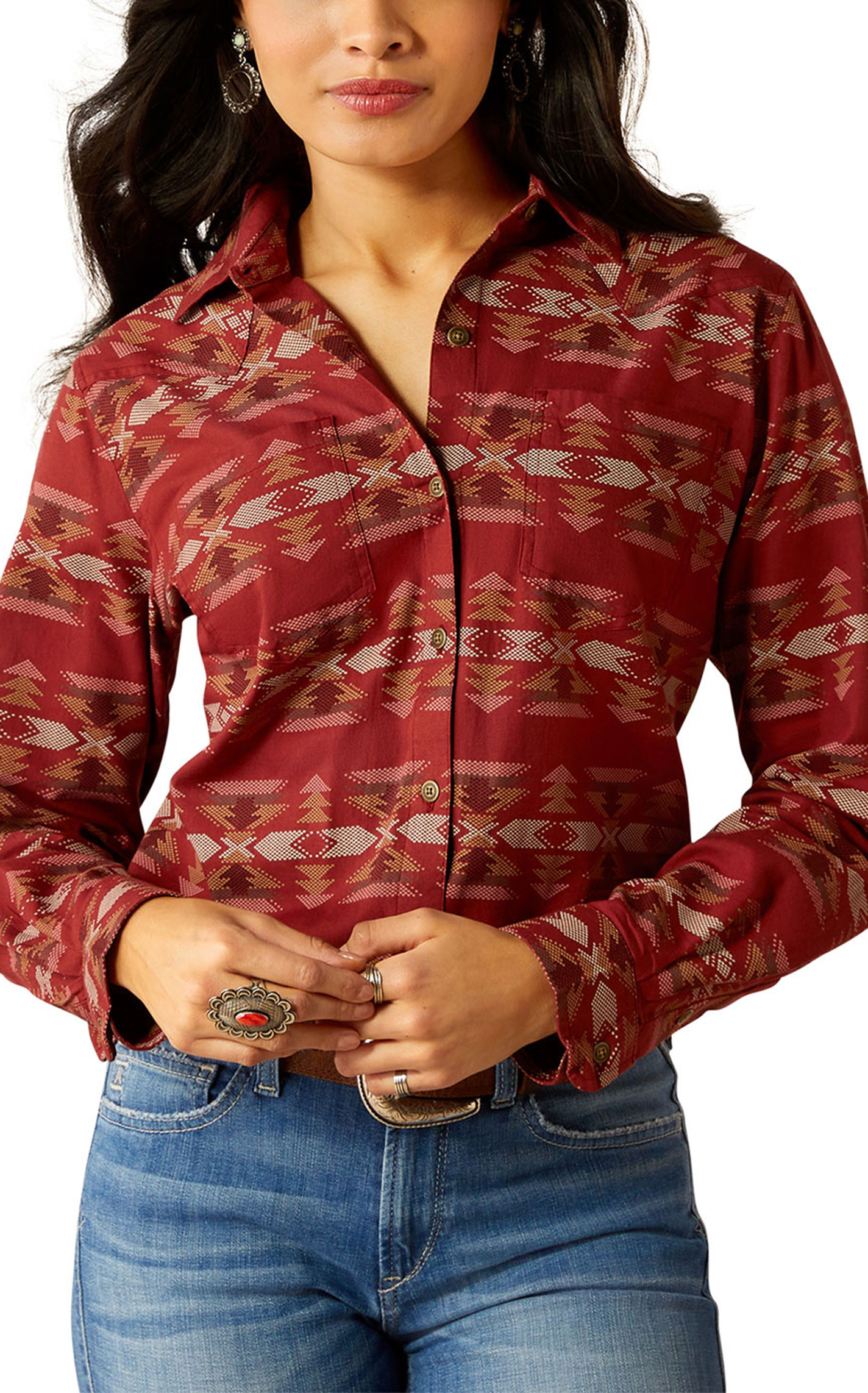 Ariat Women's Red Colorful Aztec Print Western Shirt - Image 1