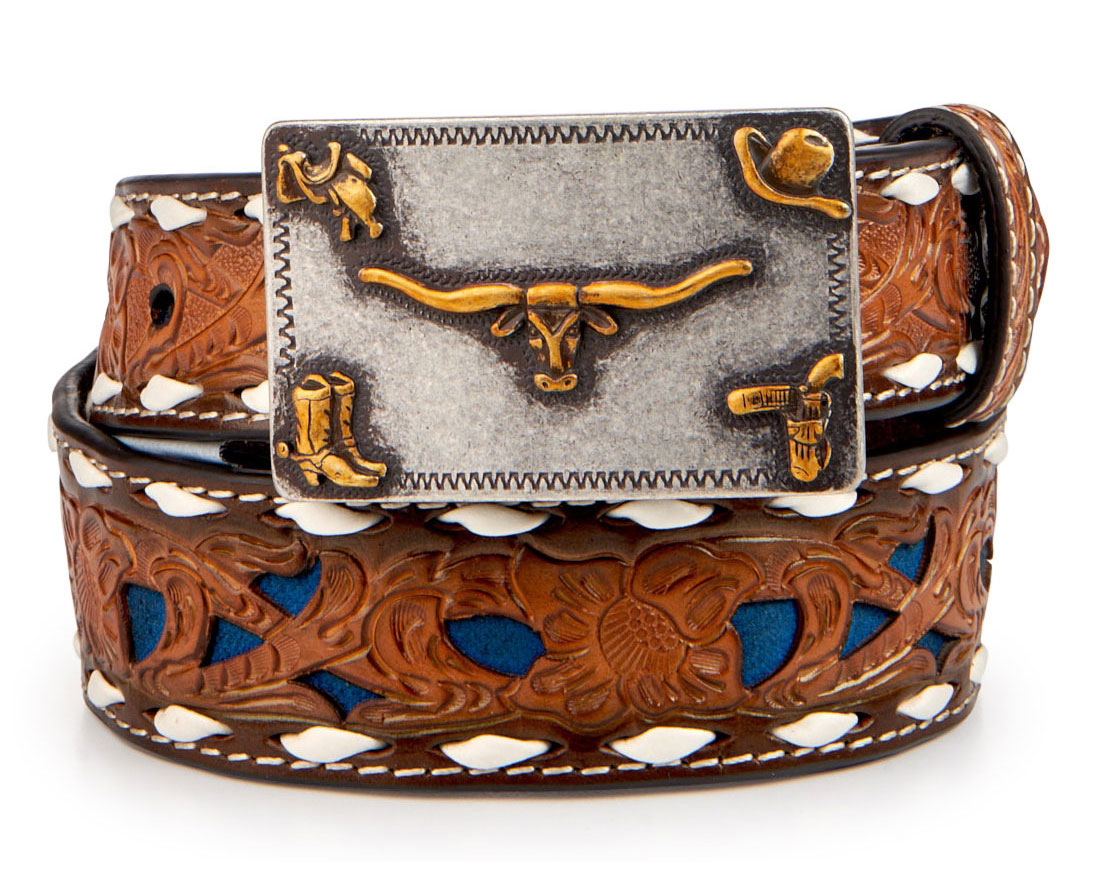 3D Belt Co Boy's Brown Leather with Blue Inlay and Silver and Gold Western Belt Buckle - Image 1
