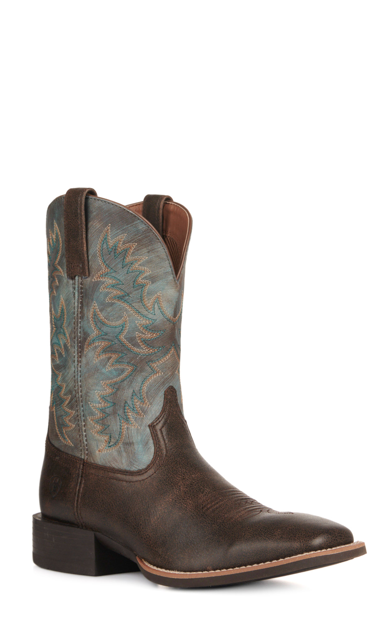 Ariat Men's Sport Latigo Chocolate Brown and Stone Blue Wide Square Toe Cowboy Boots - Image 1