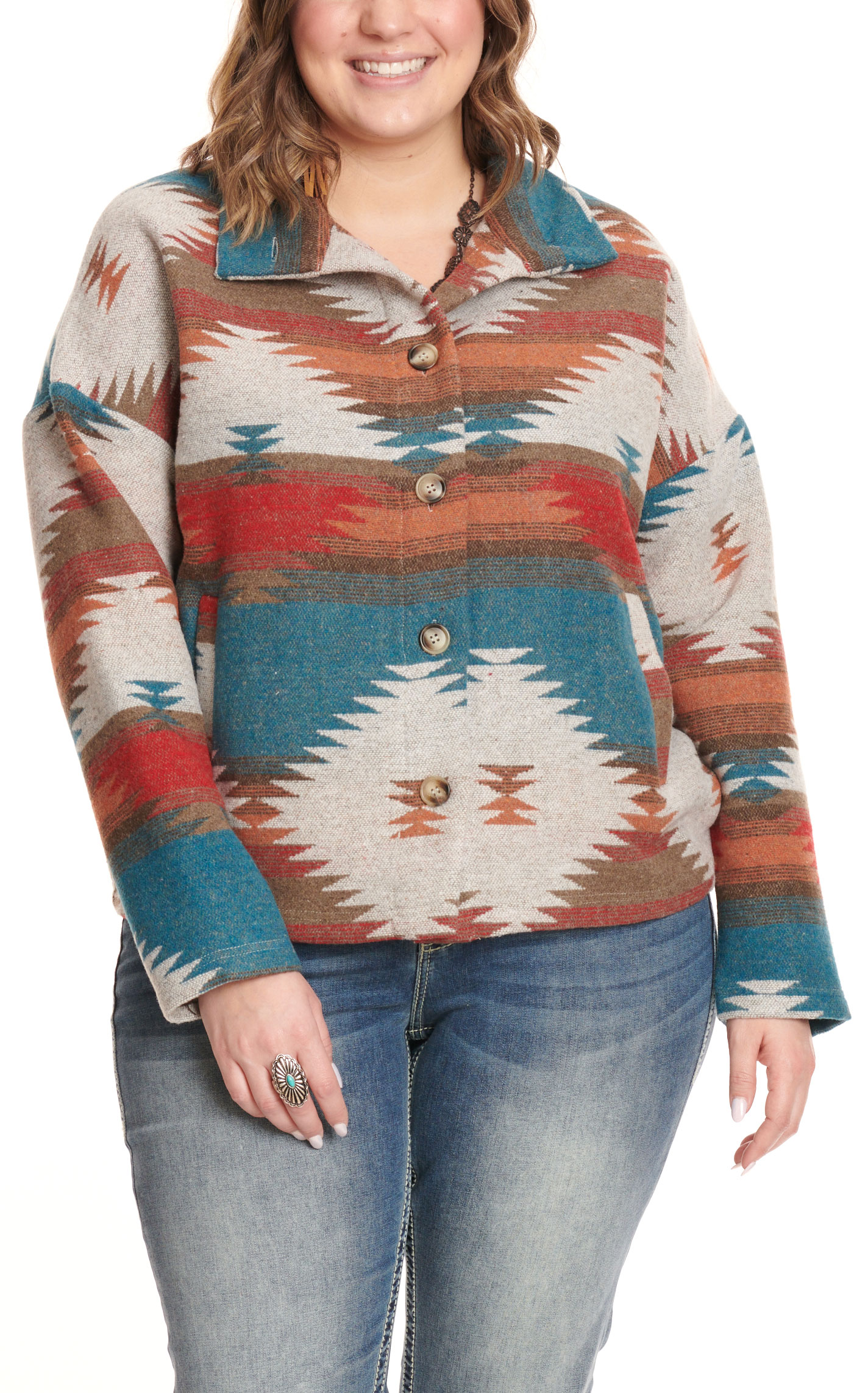 Blue B Women's Oatmeal Teal and Orange Aztec Blanket Jacket - Plus - Image 1
