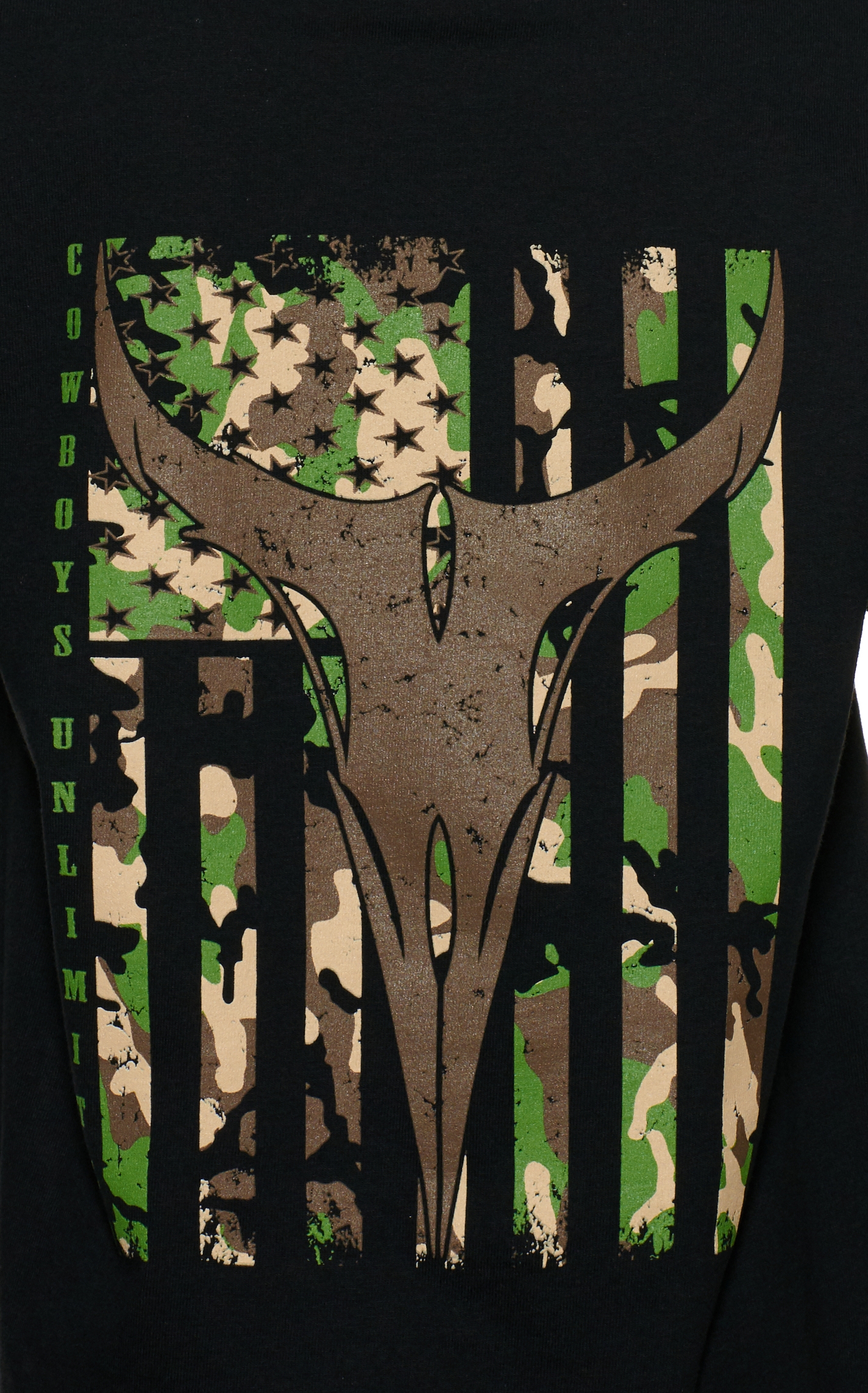 Moss Brothers Cowboys Unlimited Boys' Black Longhorn Camo Flag Short Sleeve T-Shirt - Image 1