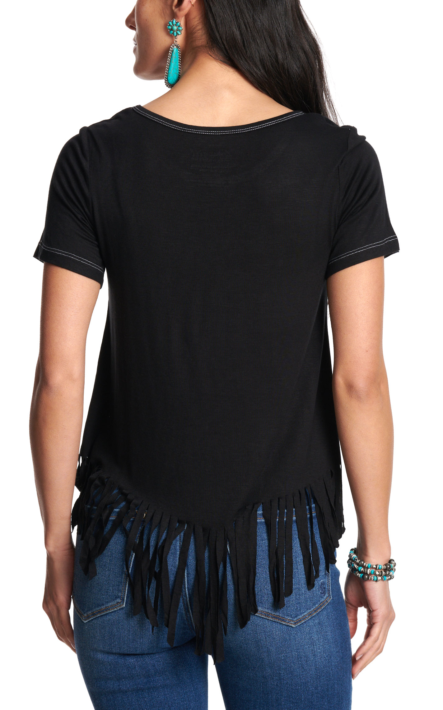 Cowgirl Hardware Women’s Black Outlaw Whiskey Fringe Bottom T-Shirt - Image 1