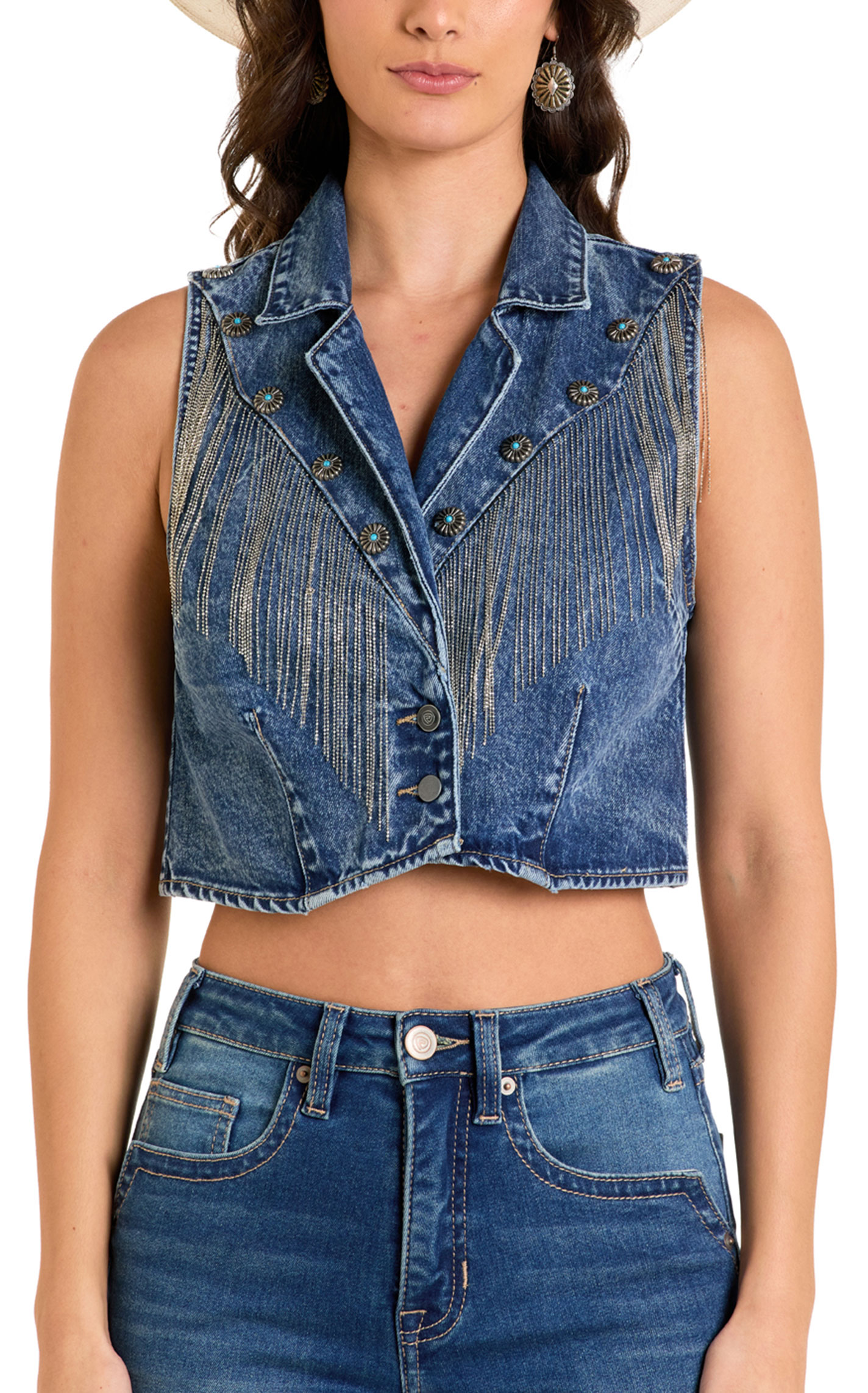 Rock & Roll Denim Women's Sparkle Fringe Cropped Denim Vest - Image 2