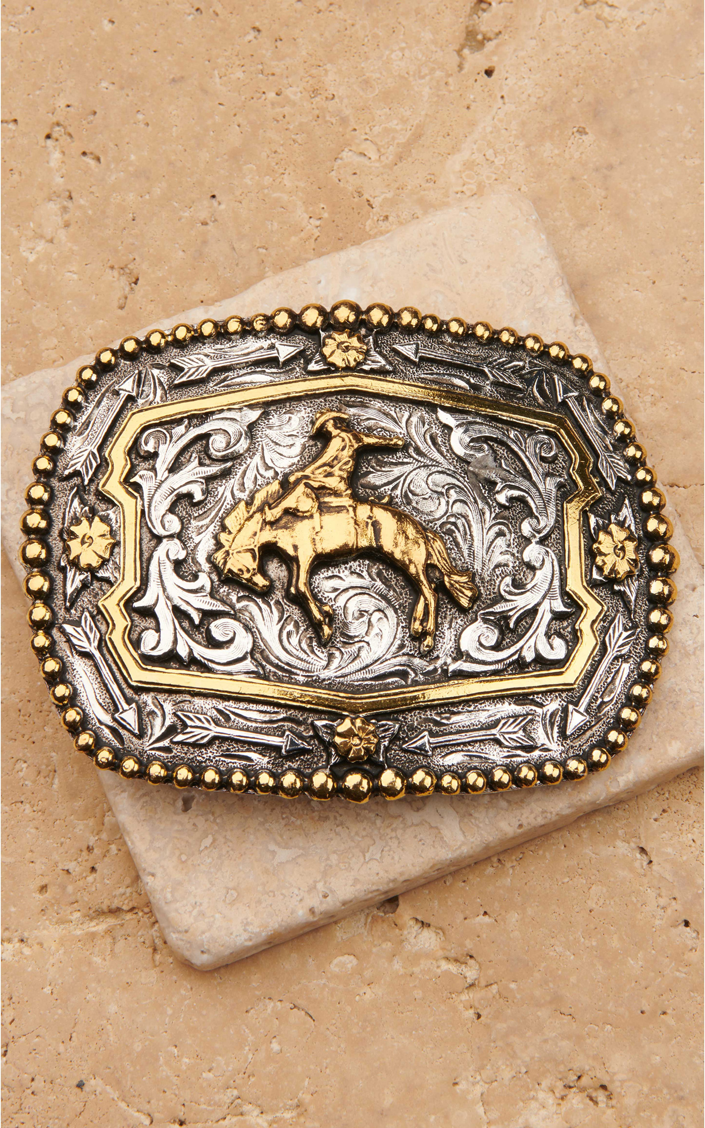 AndWest Men's Antiqued Silver and Gold Rectangle Bronc Rider with Beaded Edge Belt Buckle - Image 1
