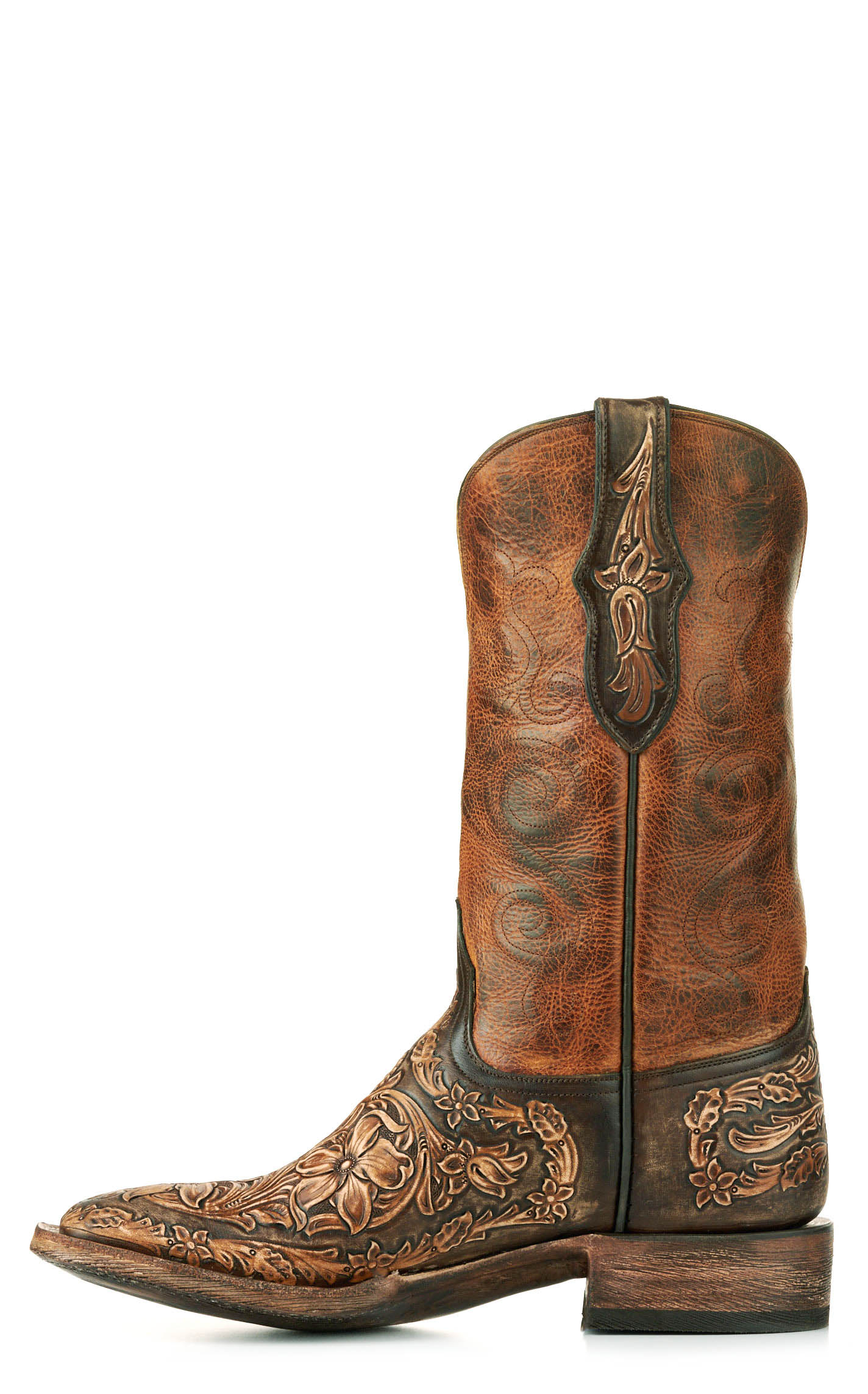 Black Jack Men's Brandy and Antique Brown Hand Tooled Wide Square Toe Cowboy Boots - Image 1