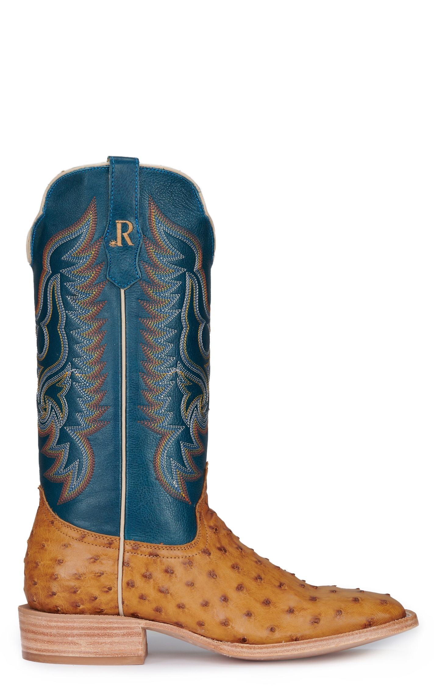 R Watson Men's Antique Saddle Full Quill Ostrich and Royal Blue Wide Square Toe Exotic Cowboy Boots - Image 1