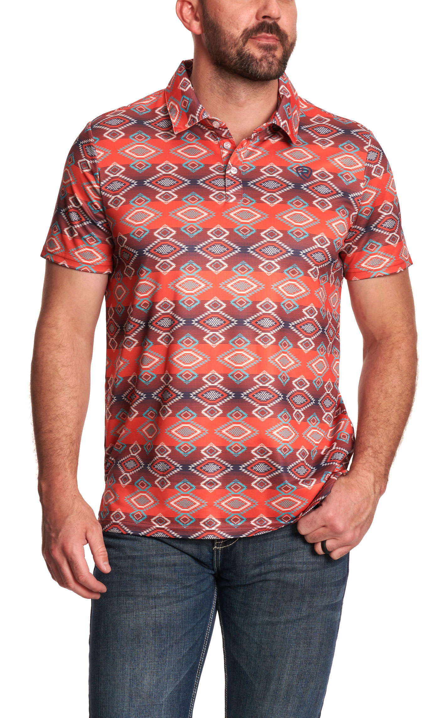 Rock & Roll Denim Men's Red Aztec Polo - Image 1